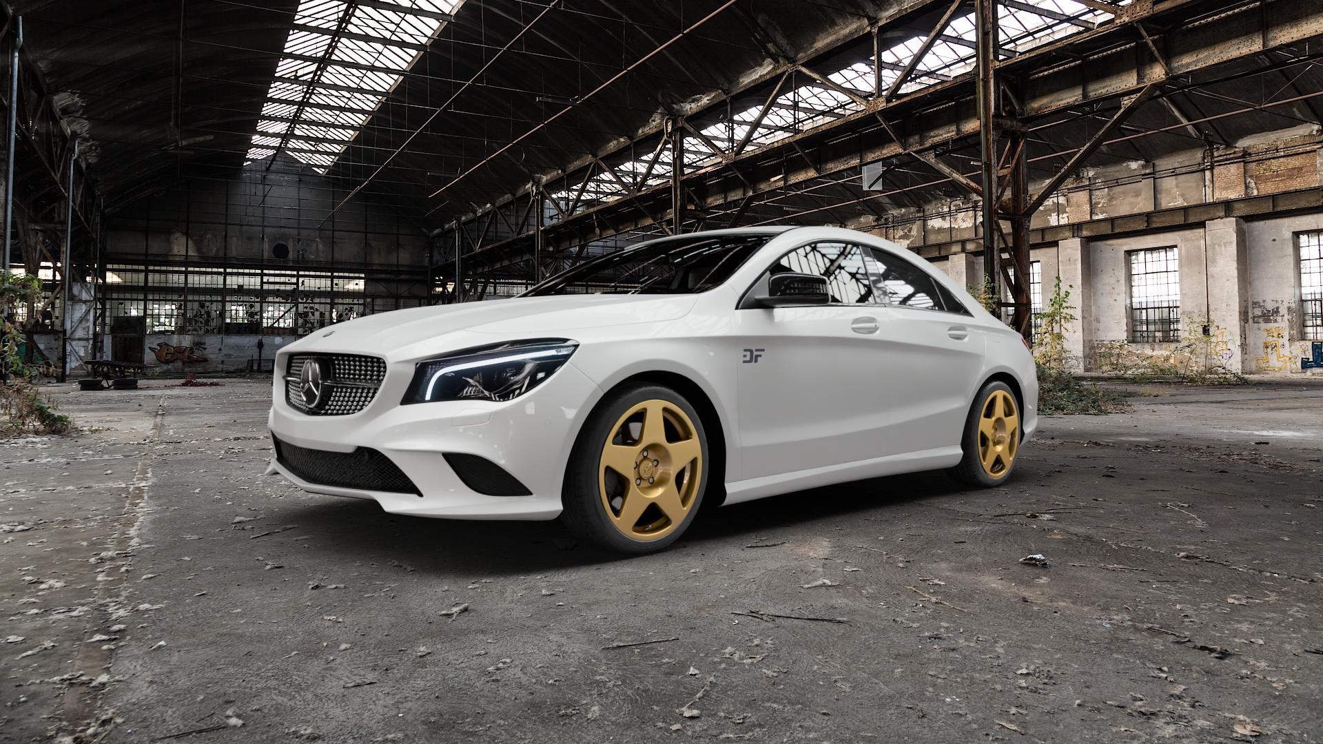 fifteen52 Tarmac Gold Felge mit Reifen in 18Zoll Winterfelge Alufelge auf weissem Mercedes CLA-Klasse I Typ C117 245G ⬇️ mit 15mm Tieferlegung ⬇️ Old Industrial Hall_max5000mm_2022 Frontansicht_1