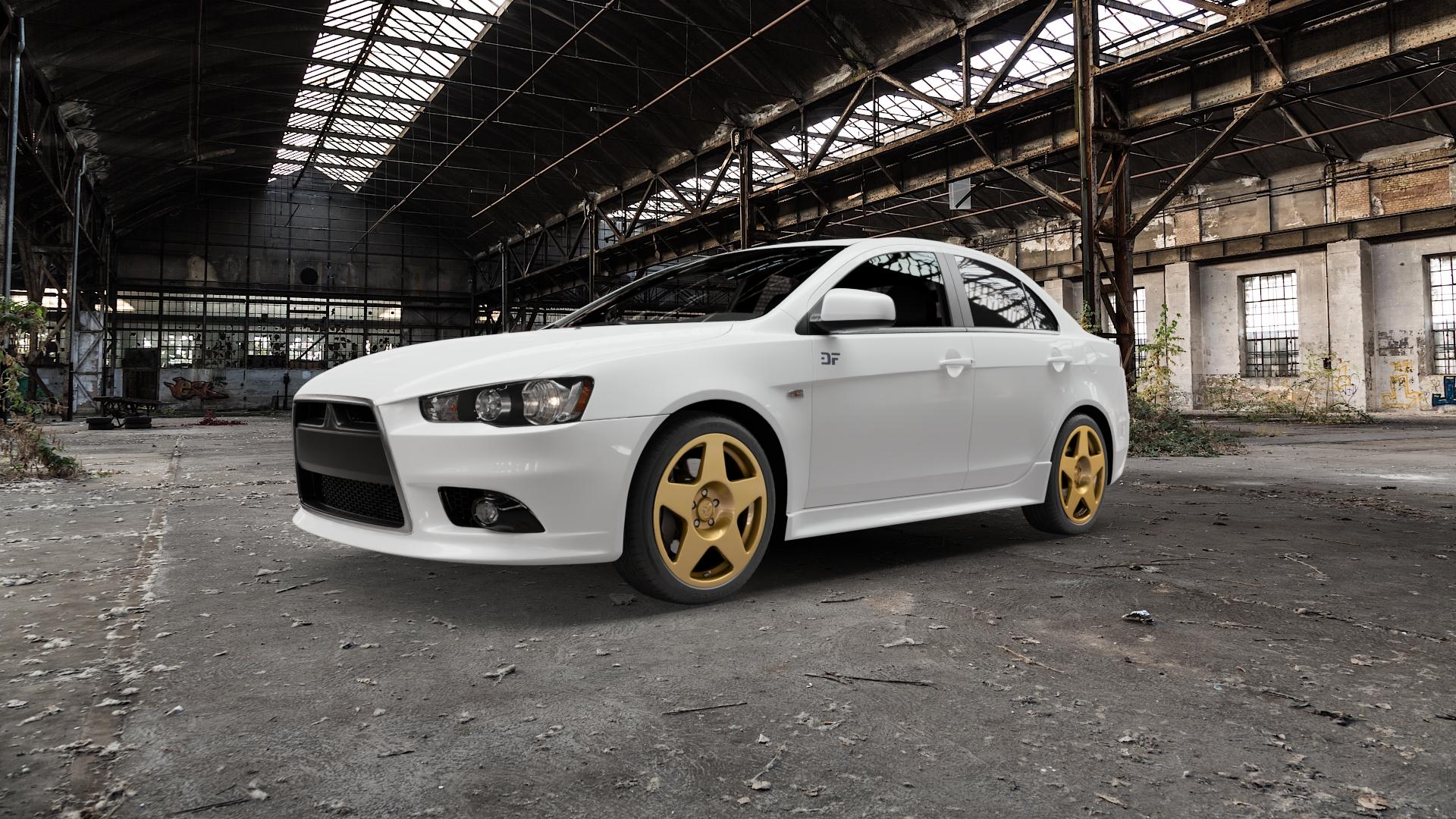 fifteen52 Tarmac Gold Felge mit Reifen in 18Zoll Winterfelge Alufelge auf weissem Mitsubishi Lancer Typ CYO Stufenheck Sportback ⬇️ mit 15mm Tieferlegung ⬇️ Old Industrial Hall_max5000mm_2022 Frontansicht_1