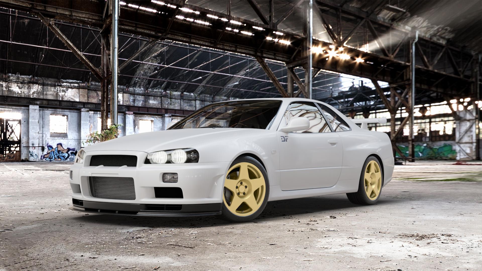 fifteen52 Tarmac Gold Felge mit Reifen in 18Zoll Winterfelge Alufelge auf weissem Nissan Skyline R34 ⬇️ mit 15mm Tieferlegung ⬇️ Old Industrial Hall_max_5300mm_2024 Frontansicht_1