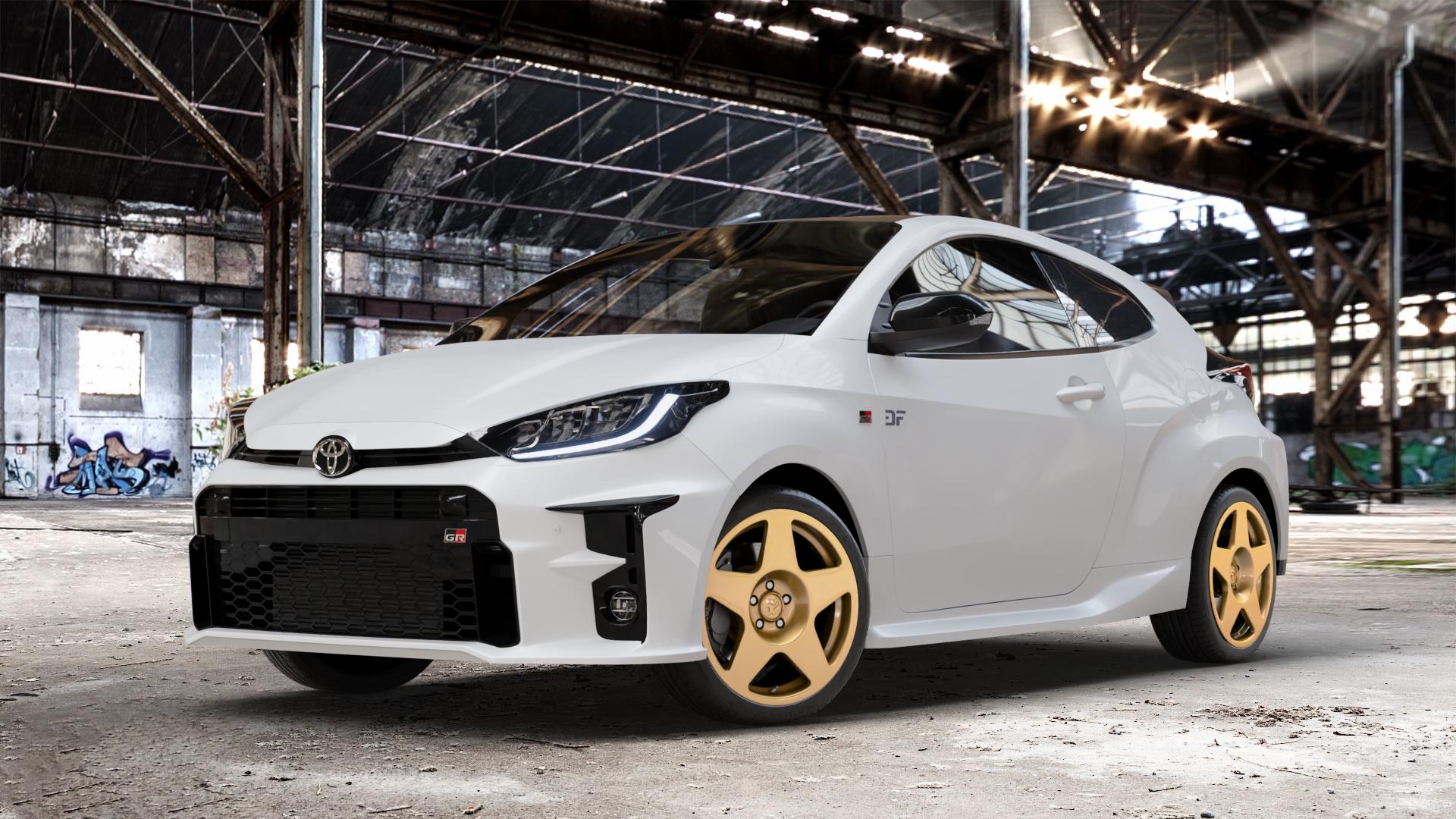 fifteen52 Tarmac Gold Felge mit Reifen in 18Zoll Winterfelge Alufelge auf weissem Toyota Yaris IV Typ XPA1F(EU,M) l kW (0 PS) GR XPA1G(EU,M) ⬇️ mit 15mm Tieferlegung ⬇️ Old Industrial Hall_max_4400mm_2024 Frontansicht_1