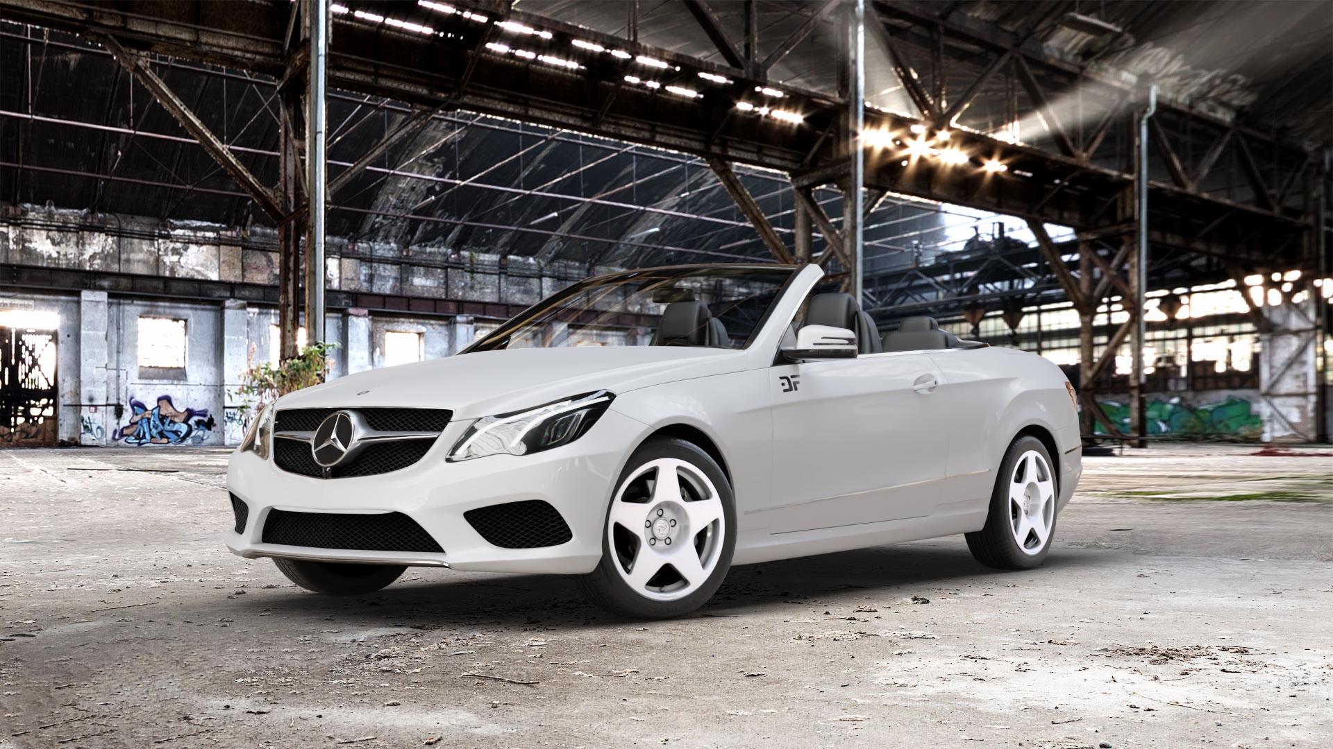 fifteen52 Tarmac Rally White Felge mit Reifen weiss weiß in 17Zoll Winterfelge Alufelge auf weissem Mercedes E-Klasse Typ A207 Cabriolet Facelift Cabrio ⬇️ mit 15mm Tieferlegung ⬇️ Old Industrial Hall_max_5300mm_2024 Frontansicht_1