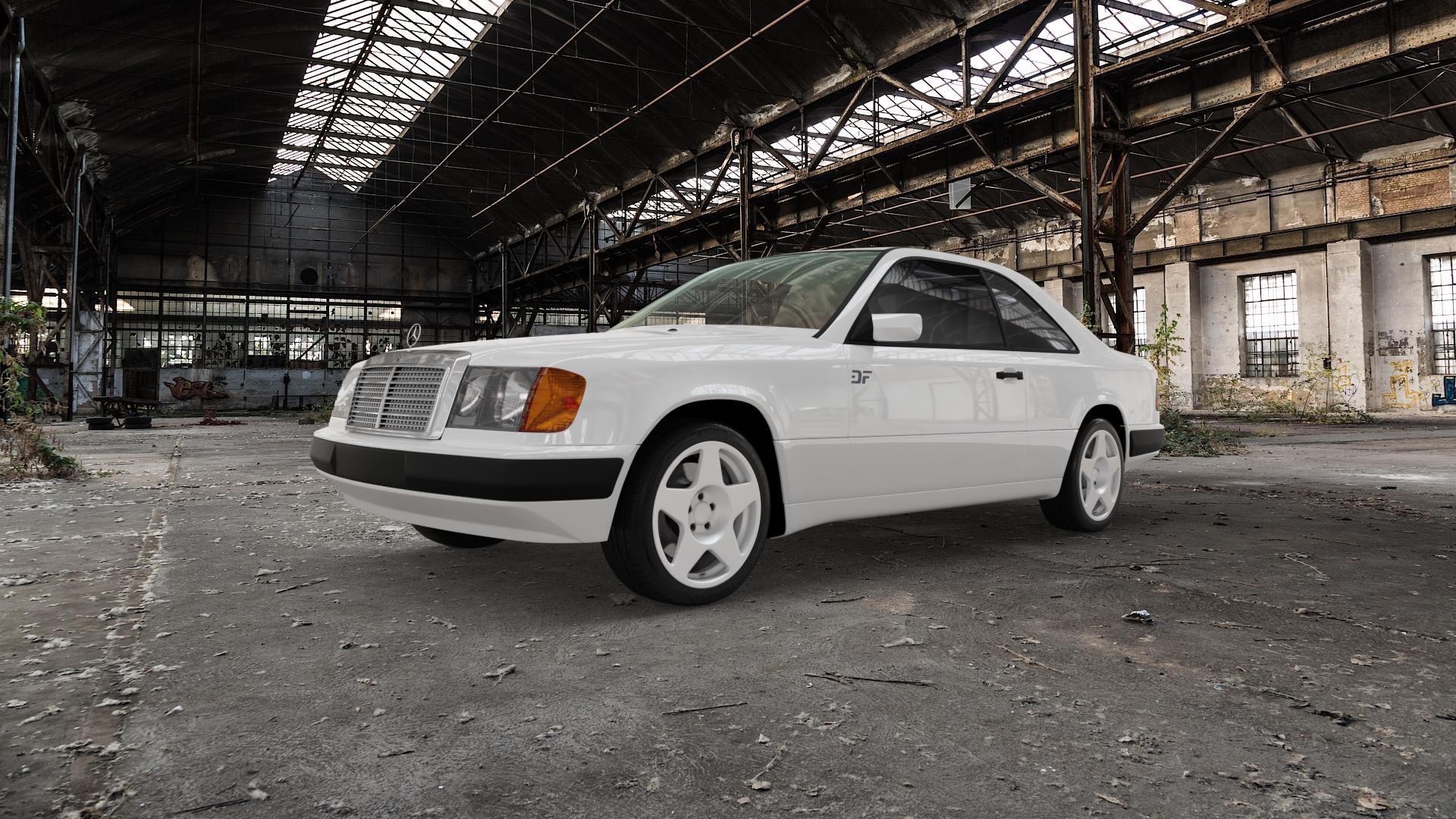 fifteen52 Tarmac Rally White Felge mit Reifen weiss weiß in 17Zoll Winterfelge Alufelge auf weissem Mercedes E-Klasse Typ W124 Coupe ⬇️ mit 15mm Tieferlegung ⬇️ Old Industrial Hall_max5000mm_2022 Frontansicht_1