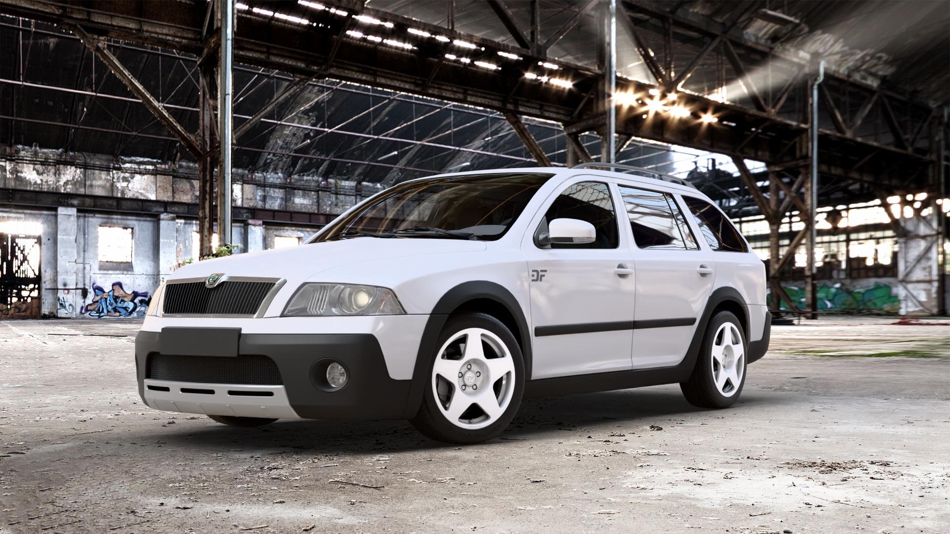 fifteen52 Tarmac Rally White Felge mit Reifen weiss weiß in 17Zoll Winterfelge Alufelge auf weissem Skoda Octavia II Scout Typ 1Z ⬇️ mit 15mm Tieferlegung ⬇️ Old Industrial Hall_max_5300mm_2024 Frontansicht_1