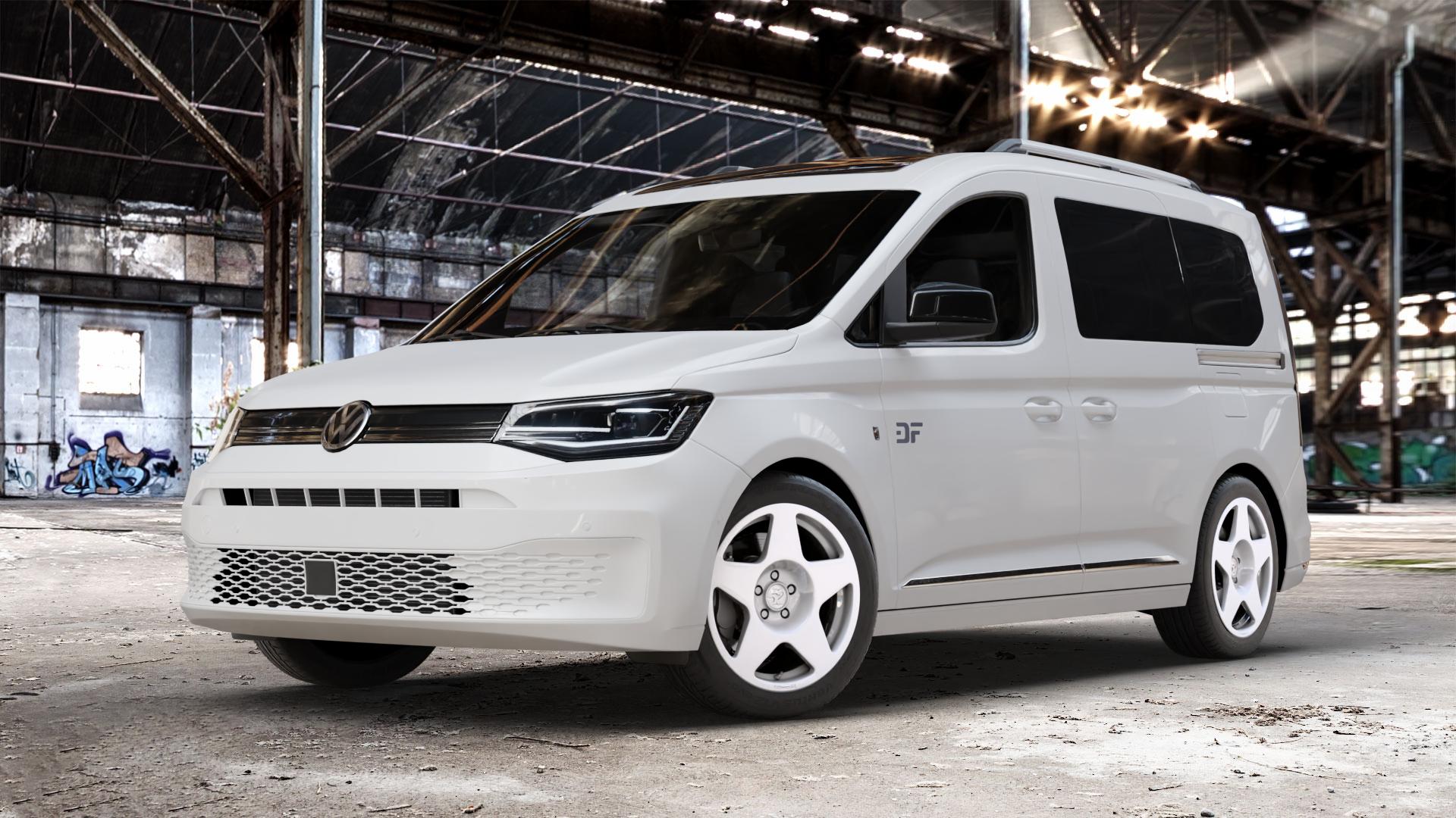 fifteen52 Tarmac Rally White Felge mit Reifen weiss weiß in 17Zoll Winterfelge Alufelge auf weissem Volkswagen (VW) Caddy 5 Typ SK SKN Transporter Wohnmobil ⬇️ mit 15mm Tieferlegung ⬇️ Old Industrial Hall_max_4400mm_2024 Frontansicht_1