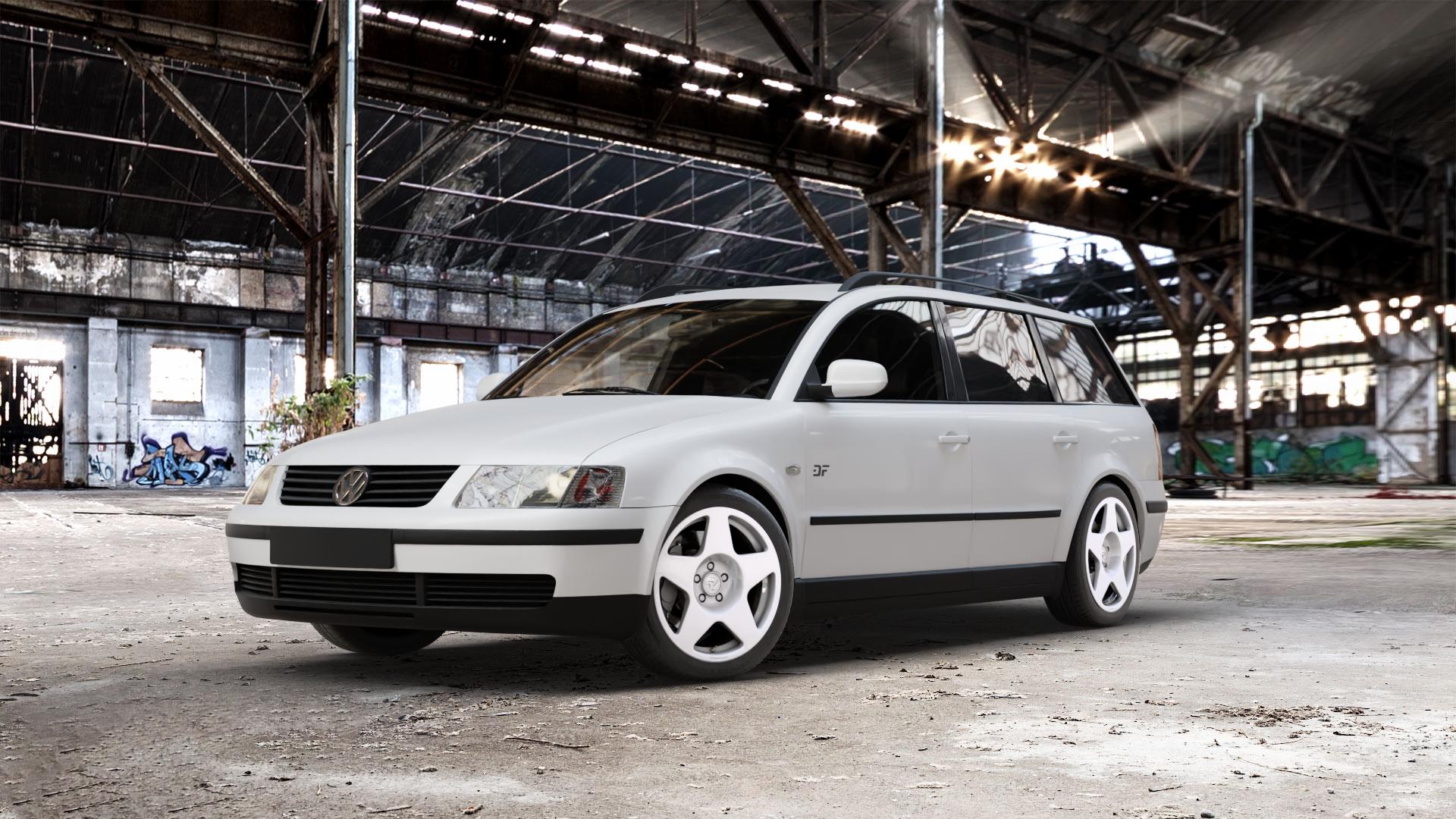 fifteen52 Tarmac Rally White Felge mit Reifen weiss weiß in 17Zoll Winterfelge Alufelge auf weissem Volkswagen (VW) Passat 3B Limousine Variant 3BG ⬇️ mit 15mm Tieferlegung ⬇️ Old Industrial Hall_max_5300mm_2024 Frontansicht_1