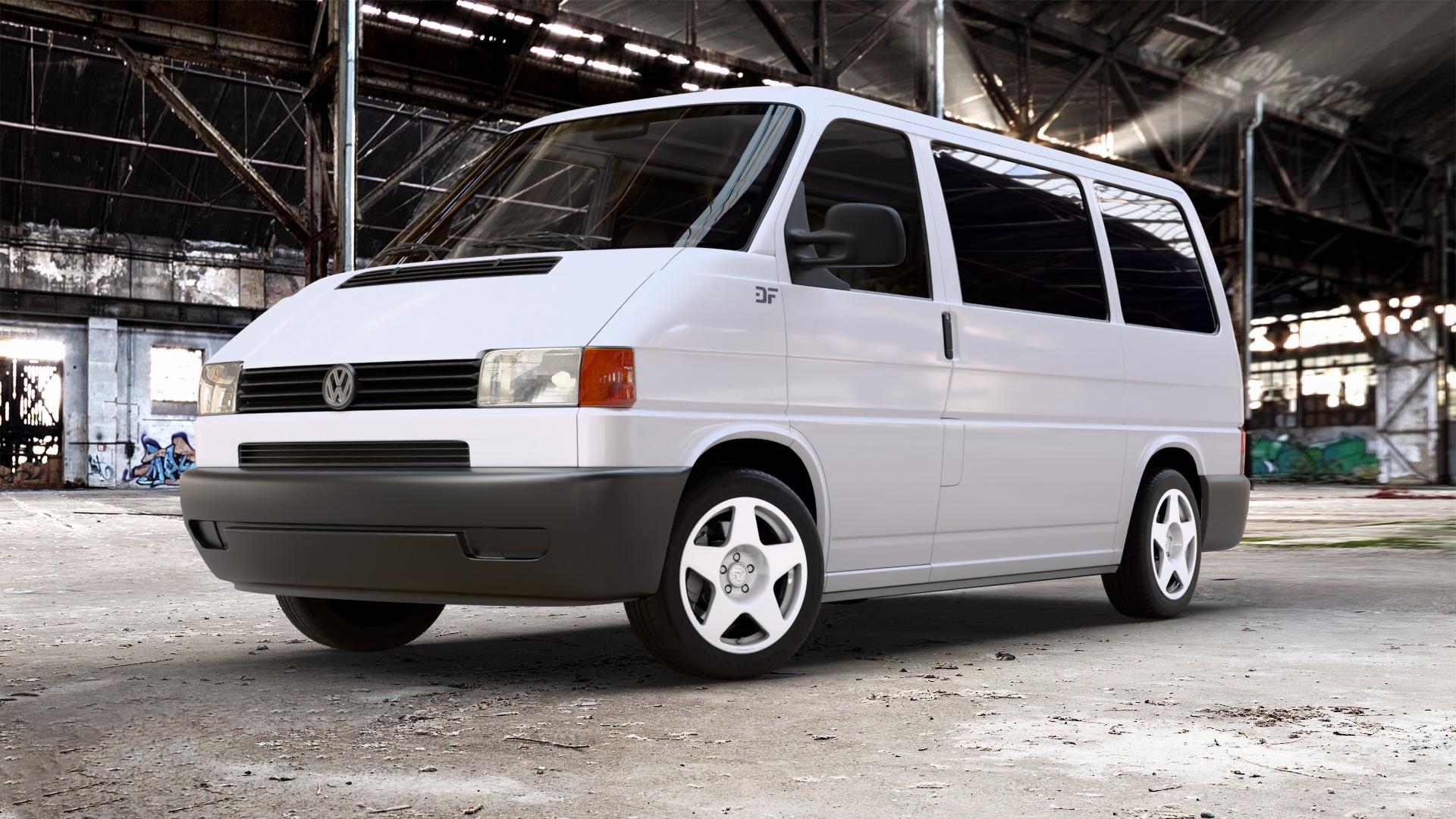 fifteen52 Tarmac Rally White Felge mit Reifen weiss weiß in 17Zoll Winterfelge Alufelge auf weissem Volkswagen (VW) T4 California Caravelle Kleinbus Multivan Krankenwagen ⬇️ mit 15mm Tieferlegung ⬇️ Old Industrial Hall_max_5300mm_2024 Frontansicht_1