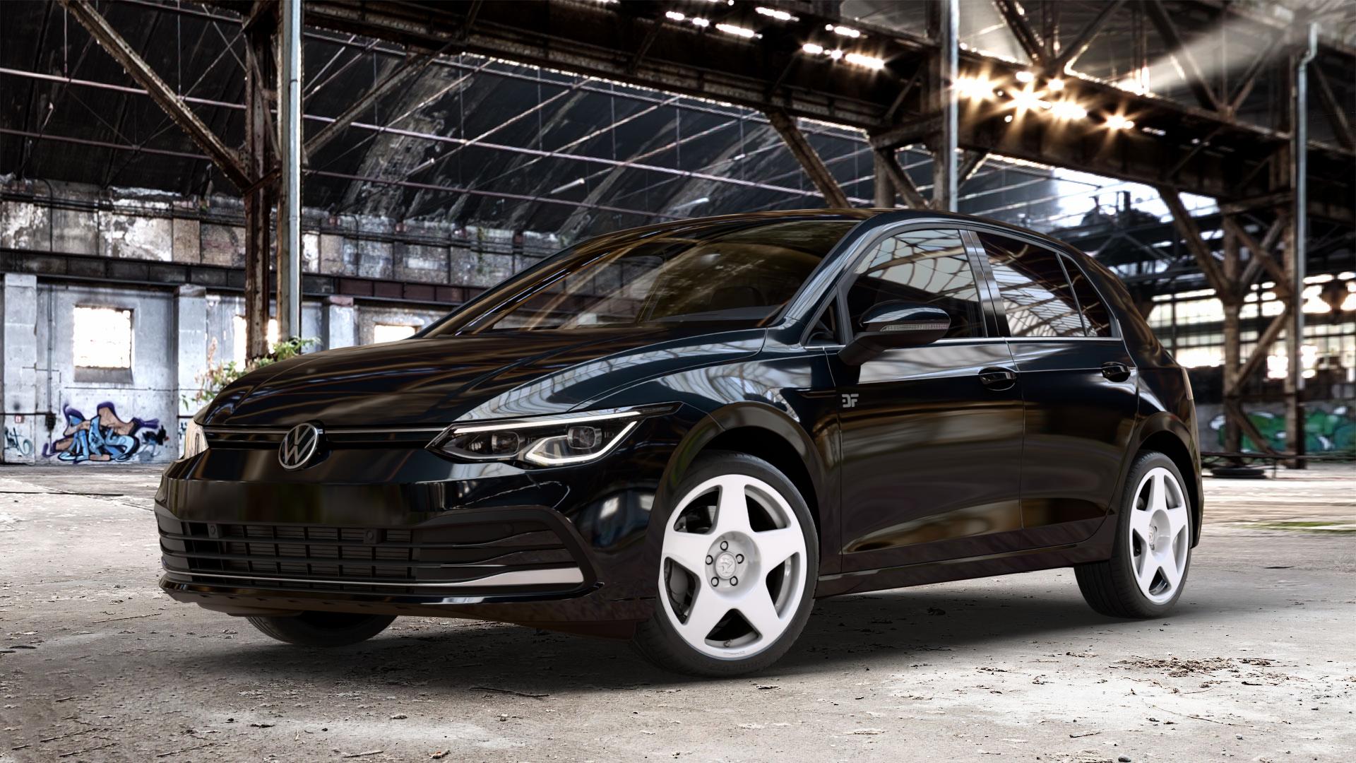 fifteen52 Tarmac Rally White Felge mit Reifen weiss weiß in 18Zoll Winterfelge Alufelge auf metallic schwarzem Volkswagen (VW) Golf 8 1,5l TSI 96kW (131 PS) 110kW (150 2,0l TDI 85kW (116 Mild-Hybrid 1,0l 81kW (110 66kW (90 1,4l Hybrid TGI 4Motion 140kW (190 ⬇️ mit 15mm Tieferlegung ⬇️ Old Industrial Hall_max_4400mm_2024 Frontansicht_1