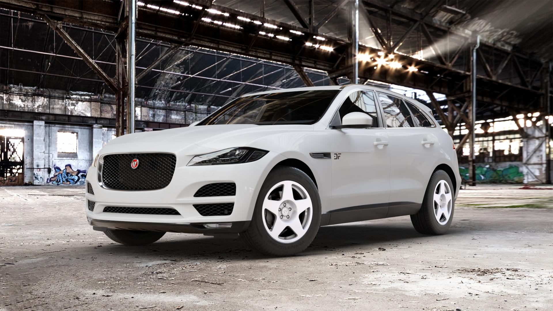 fifteen52 Tarmac Rally White Felge mit Reifen weiss weiß in 18Zoll Winterfelge Alufelge auf weissem Jaguar F-Pace Typ DC ⬇️ mit 15mm Tieferlegung ⬇️ Old Industrial Hall_max_5300mm_2024 Frontansicht_1