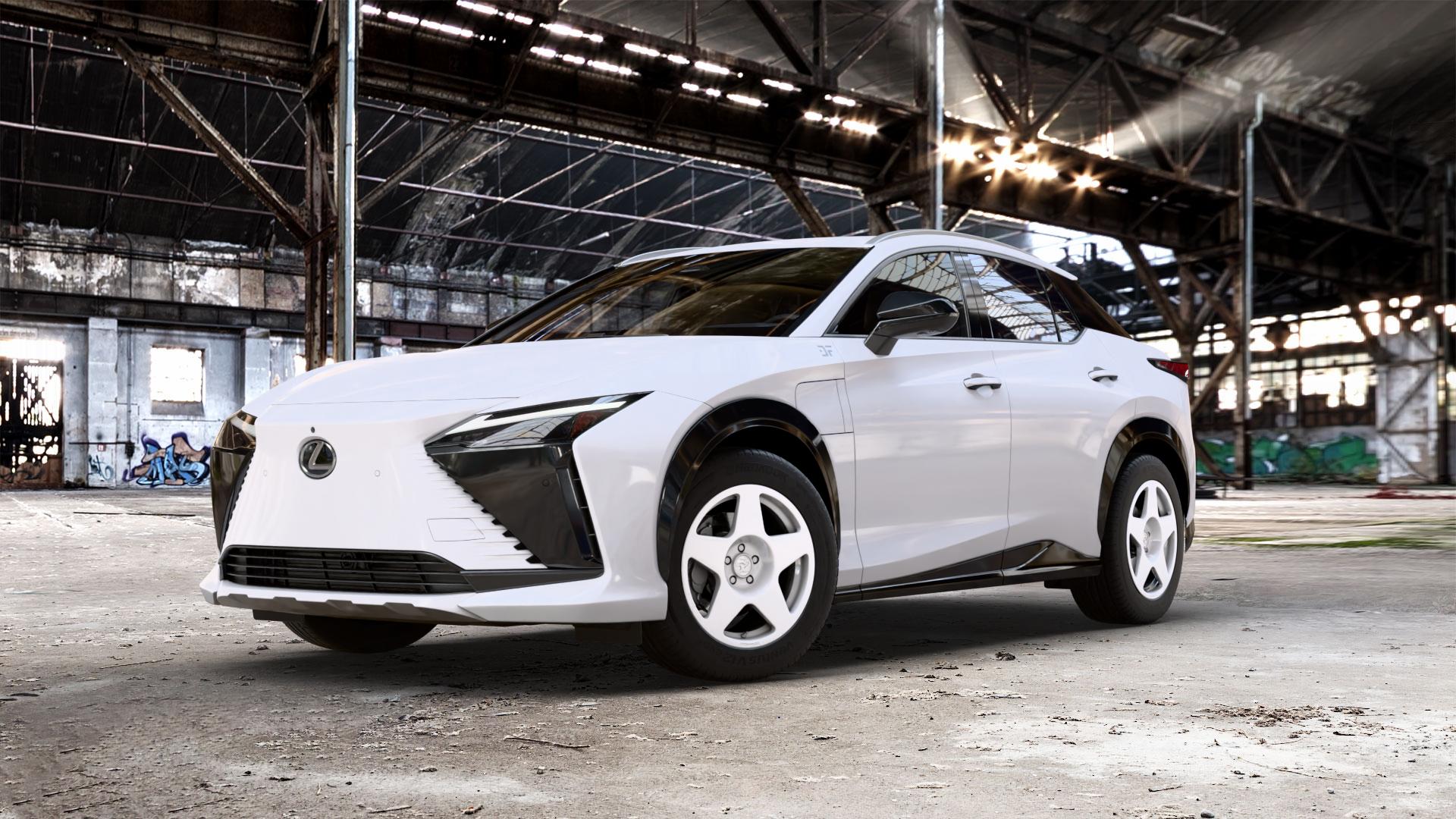 fifteen52 Tarmac Rally White Felge mit Reifen weiss weiß in 18Zoll Winterfelge Alufelge auf weissem Lexus RZ Typ EBM1(M) ⬇️ mit 15mm Tieferlegung ⬇️ Old Industrial Hall_max_5300mm_2024 Frontansicht_1