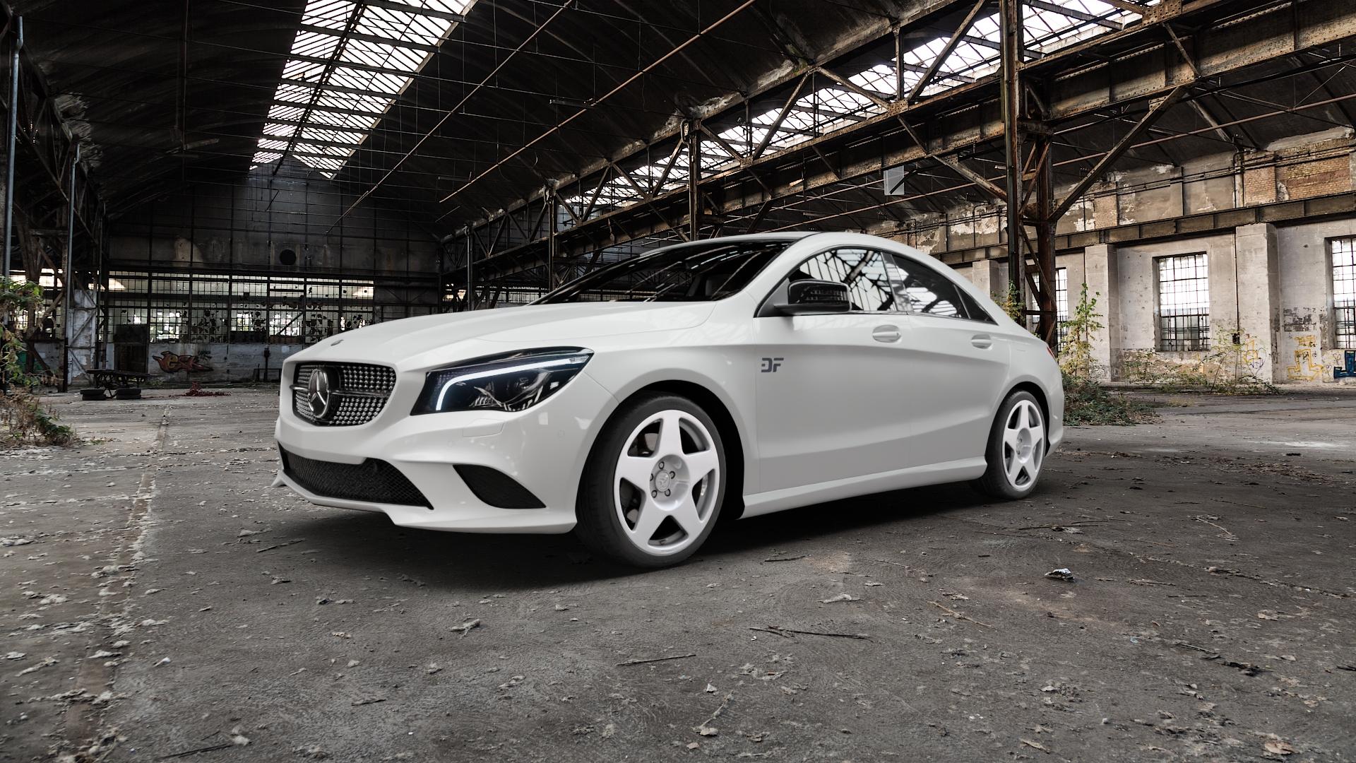 fifteen52 Tarmac Rally White Felge mit Reifen weiss weiß in 18Zoll Winterfelge Alufelge auf weissem Mercedes CLA-Klasse I Typ C117 245G ⬇️ mit 15mm Tieferlegung ⬇️ Old Industrial Hall_max5000mm_2022 Frontansicht_1