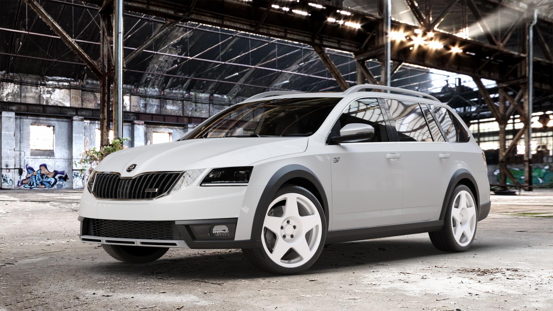 fifteen52 Tarmac Rally White Felge mit Reifen weiss weiß in 18Zoll Winterfelge Alufelge auf weissem Skoda Octavia III Scout Typ 5E Facelift ⬇️ mit 15mm Tieferlegung ⬇️ Old Industrial Hall_max_4400mm_2024 Frontansicht_1