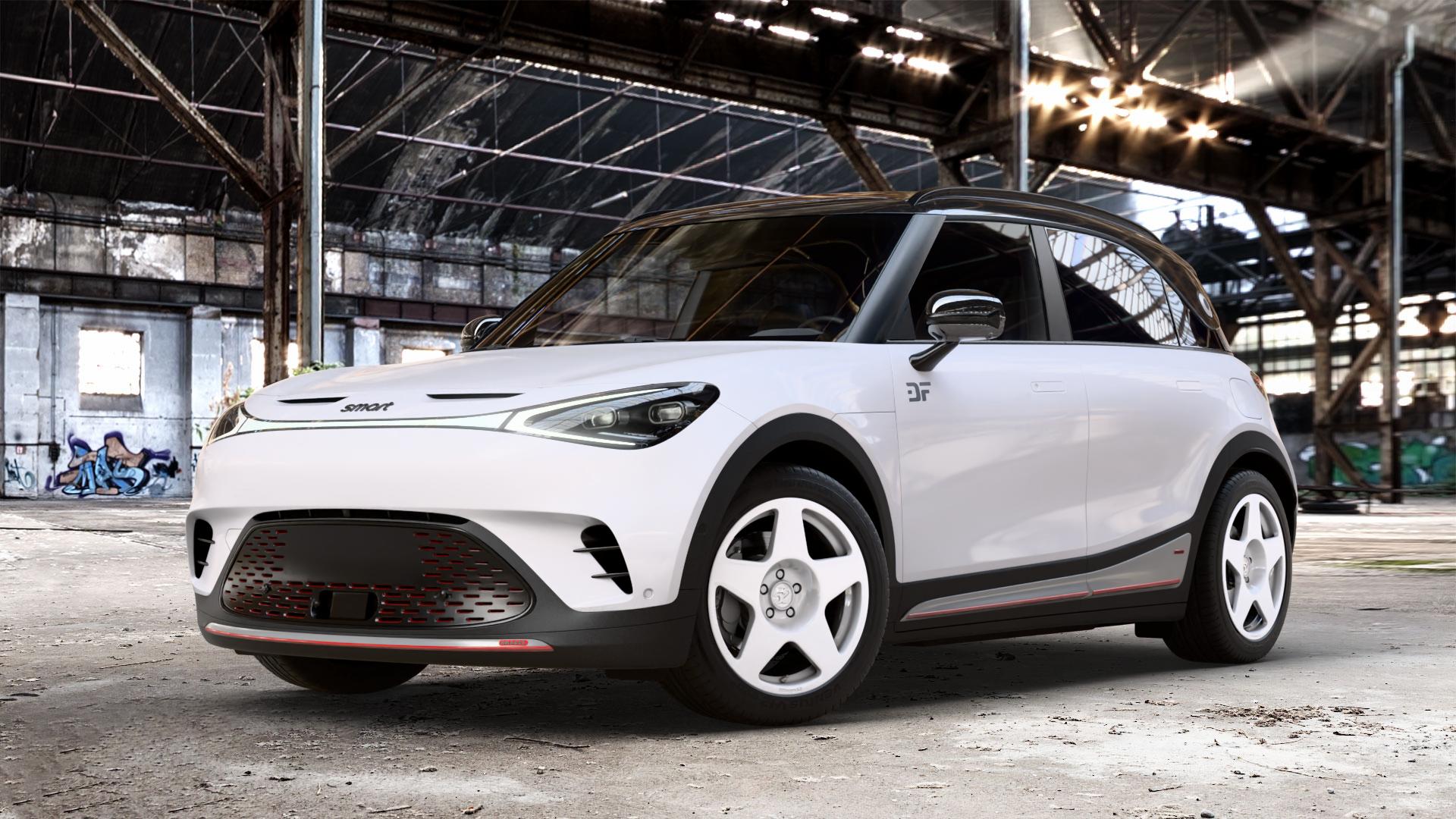 fifteen52 Tarmac Rally White Felge mit Reifen weiss weiß in 18Zoll Winterfelge Alufelge auf weissem Smart #1 Typ HX11 0,0l 315kW Brabus AWD (428 PS) ⬇️ mit 15mm Tieferlegung ⬇️ Old Industrial Hall_max_4400mm_2024 Frontansicht_1