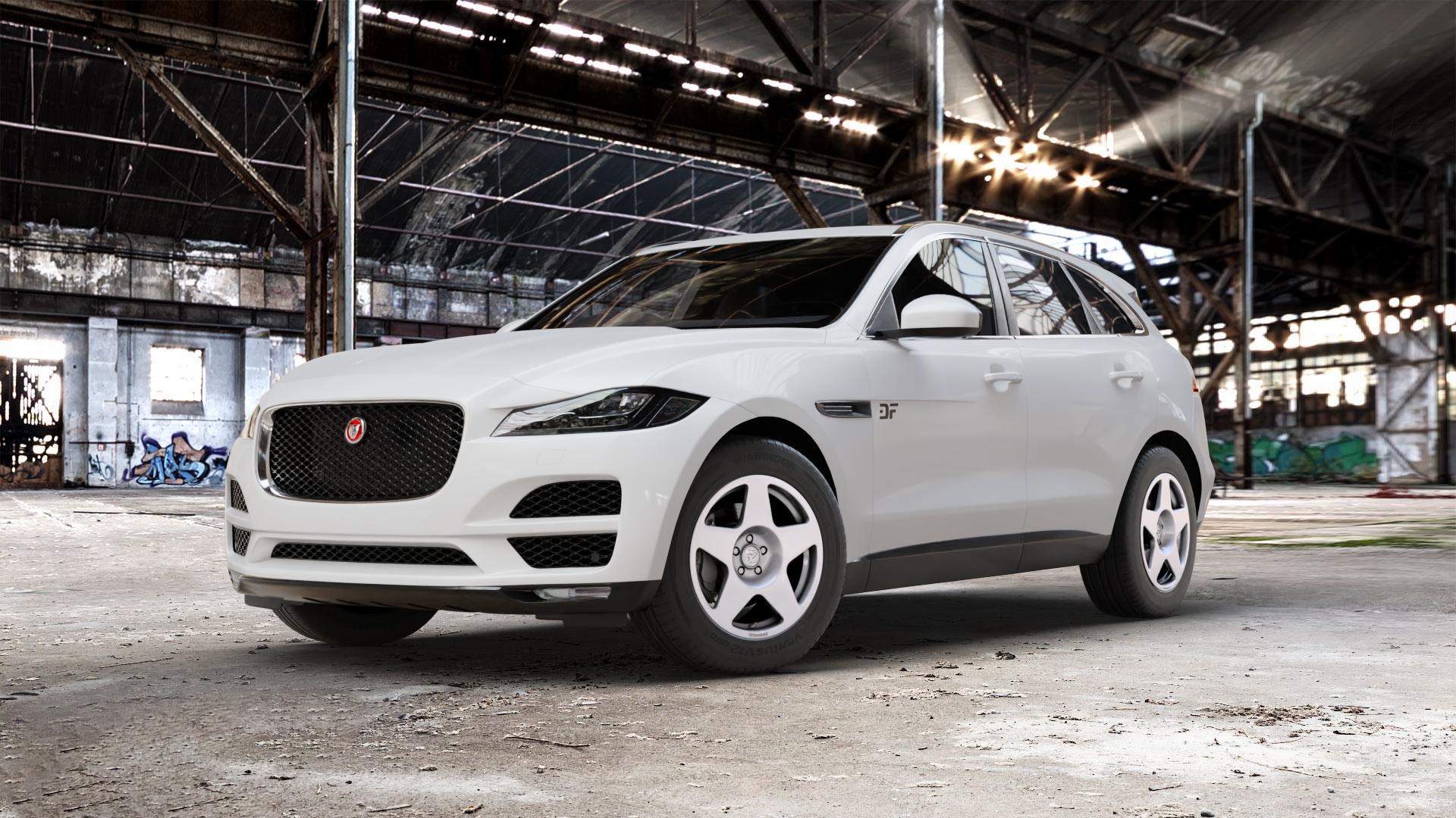 fifteen52 Tarmac Speed Silver Felge mit Reifen silber in 18Zoll Winterfelge Alufelge auf weissem Jaguar F-Pace Typ DC ⬇️ mit 15mm Tieferlegung ⬇️ Old Industrial Hall_max_5300mm_2024 Frontansicht_1