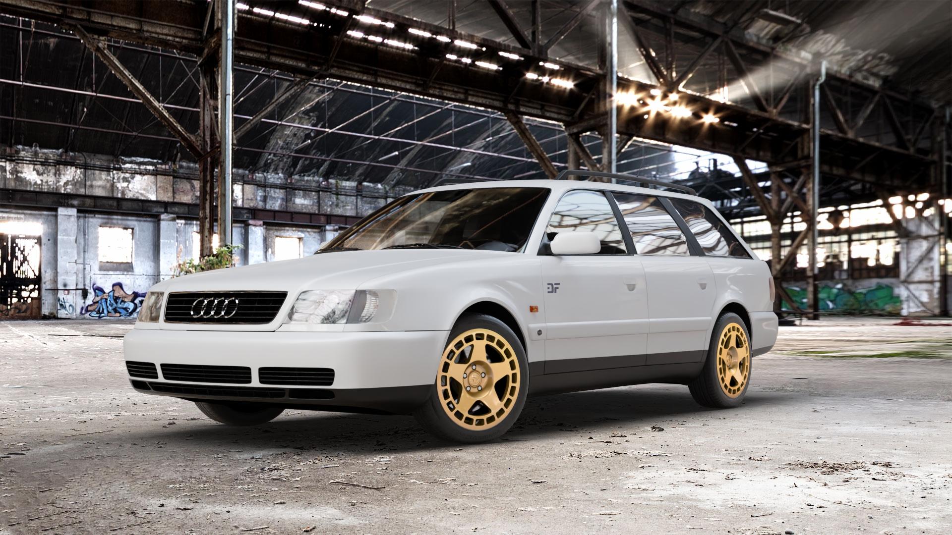 fifteen52 Turbomac Gold Felge mit Reifen in 17Zoll Winterfelge Alufelge auf weissem Audi 100 Typ C4 (Avant) A6 4A/C4 ⬇️ mit 15mm Tieferlegung ⬇️ Old Industrial Hall_max_5300mm_2024 Frontansicht_1