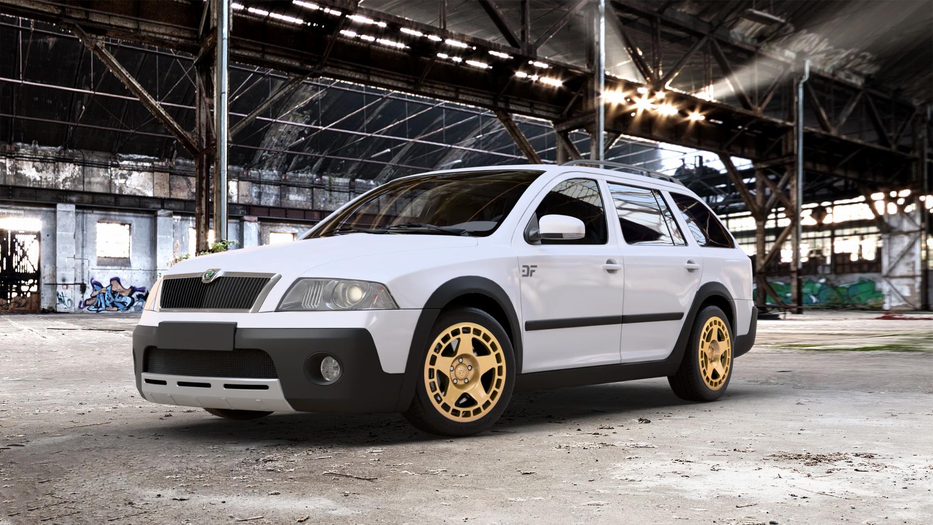 fifteen52 Turbomac Gold Felge mit Reifen in 17Zoll Winterfelge Alufelge auf weissem Skoda Octavia II Scout Typ 1Z ⬇️ mit 15mm Tieferlegung ⬇️ Old Industrial Hall_max_5300mm_2024 Frontansicht_1