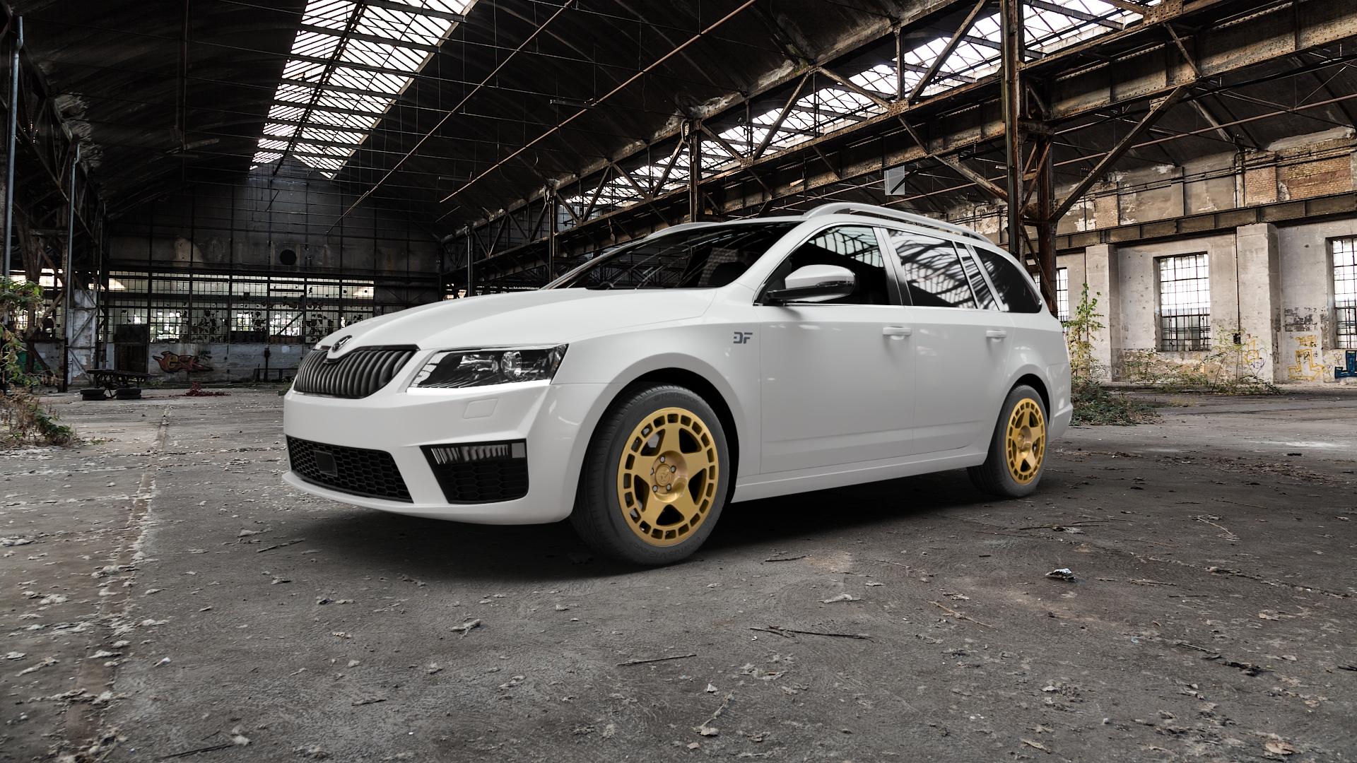 fifteen52 Turbomac Gold Felge mit Reifen in 17Zoll Winterfelge Alufelge auf weissem Skoda Octavia III Kombi Typ 5E 2,0l TDI 135kW RS (184 PS) TSI 162kW (220 169kW (230 4x4 Facelift 180kW (245 ⬇️ mit 15mm Tieferlegung ⬇️ Old Industrial Hall_max5000mm_2022 Frontansicht_1
