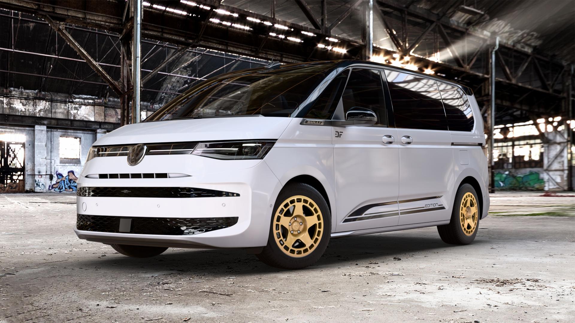 fifteen52 Turbomac Gold Felge mit Reifen in 17Zoll Winterfelge Alufelge auf weissem und schwarzem Volkswagen (VW) T7 Multivan Bus ⬇️ mit 15mm Tieferlegung ⬇️ Old Industrial Hall_max_5300mm_2024 Frontansicht_1