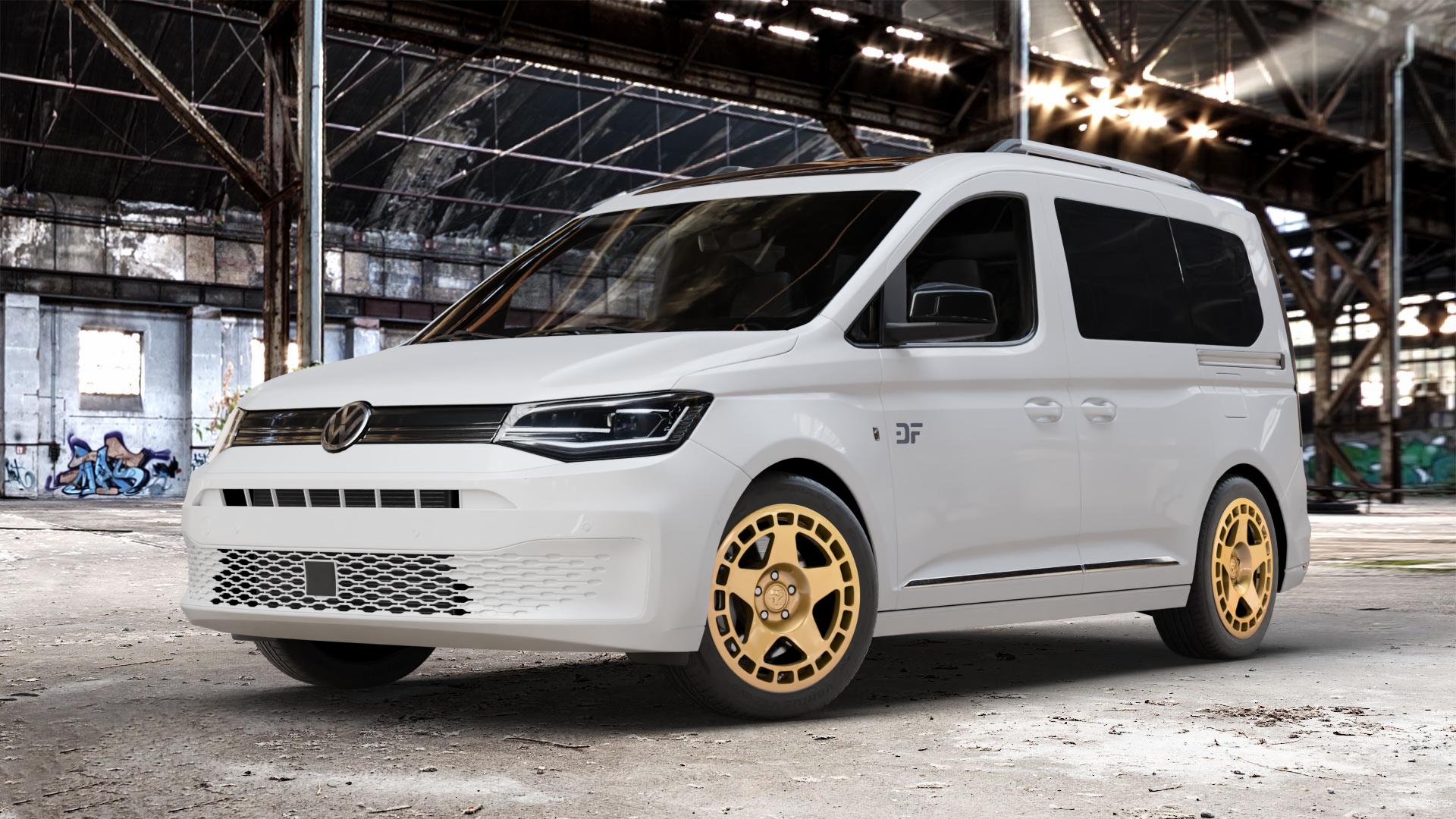 fifteen52 Turbomac Gold Felge mit Reifen in 17Zoll Winterfelge Alufelge auf weissem Volkswagen (VW) Caddy 5 Typ SK SKN Transporter Wohnmobil ⬇️ mit 15mm Tieferlegung ⬇️ Old Industrial Hall_max_4400mm_2024 Frontansicht_1