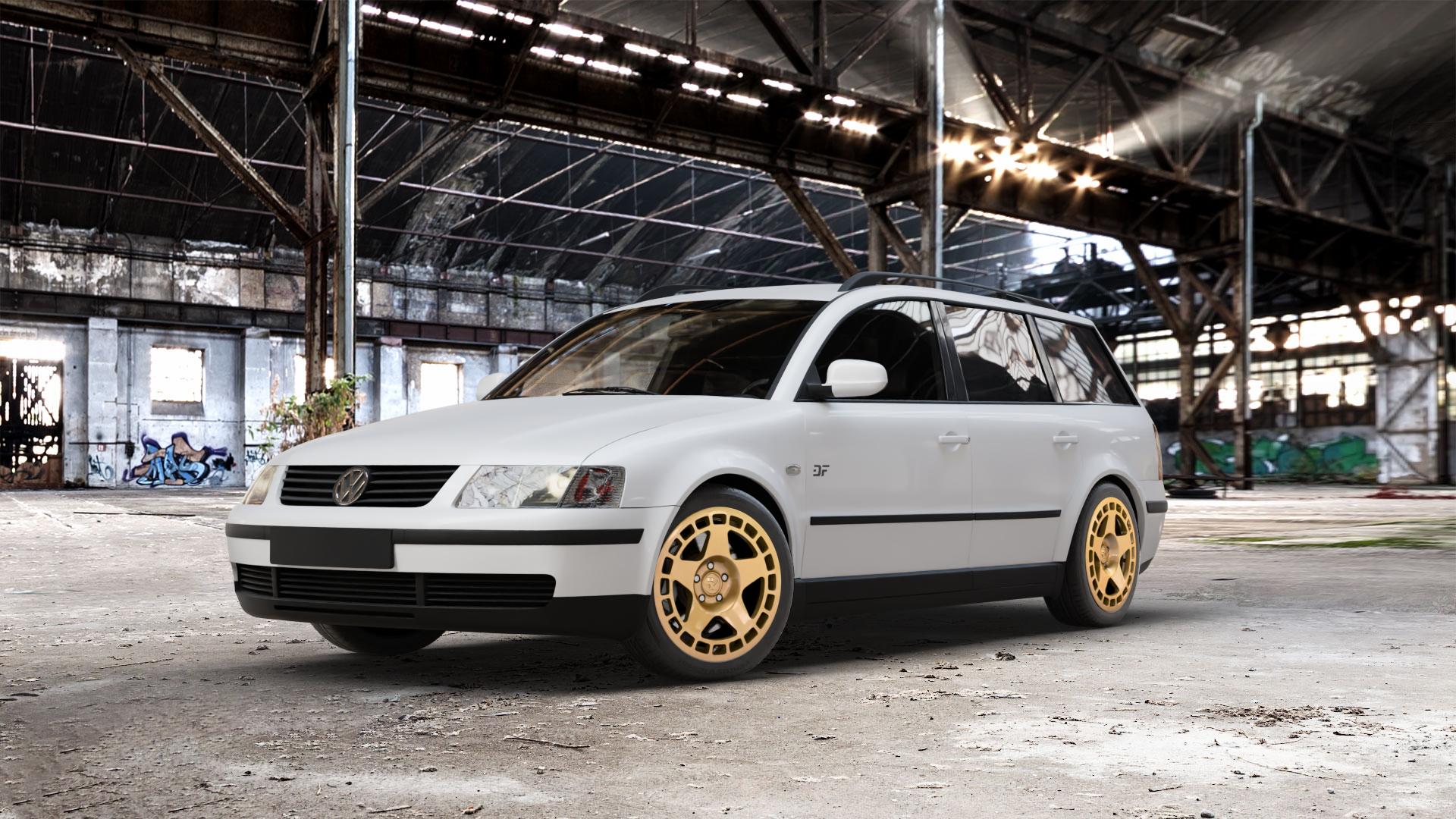 fifteen52 Turbomac Gold Felge mit Reifen in 17Zoll Winterfelge Alufelge auf weissem Volkswagen (VW) Passat 3B Limousine Variant 3BG ⬇️ mit 15mm Tieferlegung ⬇️ Old Industrial Hall_max_5300mm_2024 Frontansicht_1