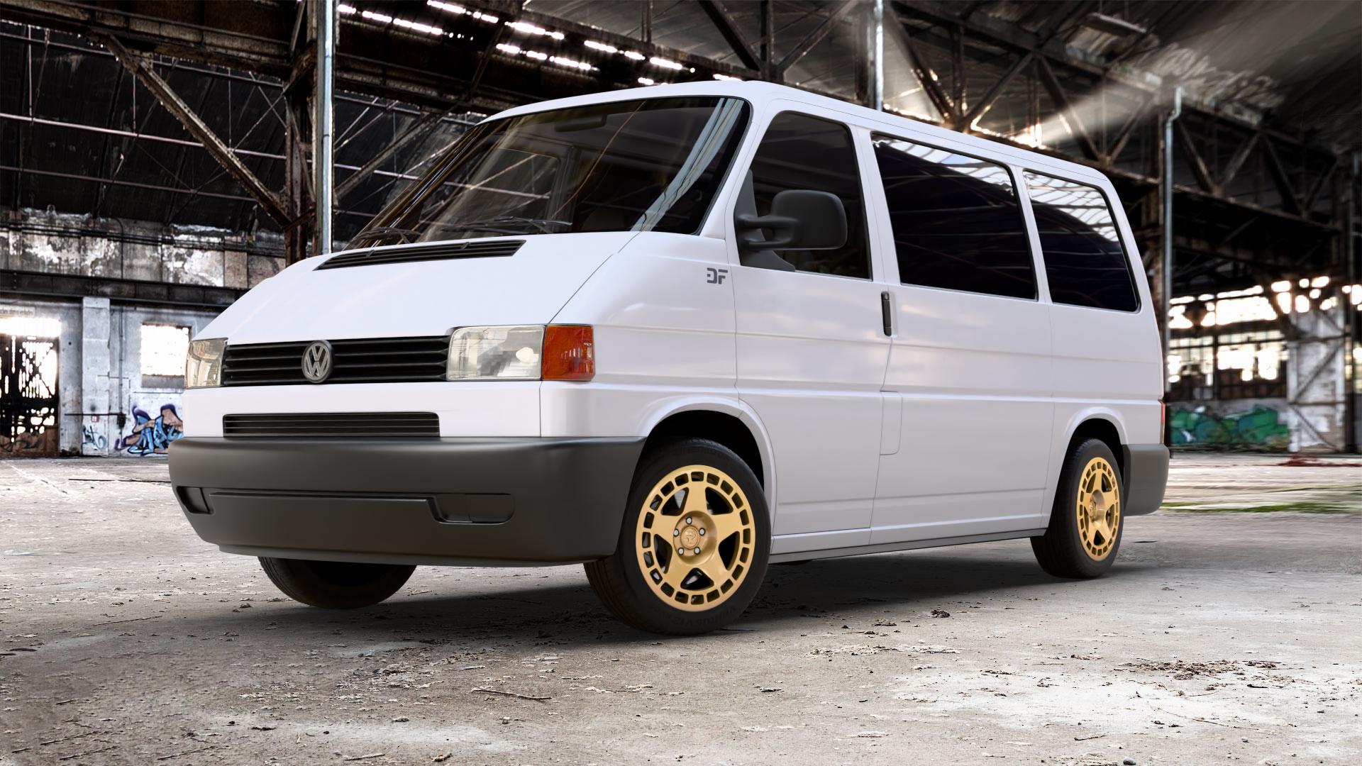 fifteen52 Turbomac Gold Felge mit Reifen in 17Zoll Winterfelge Alufelge auf weissem Volkswagen (VW) T4 California Caravelle Kleinbus Multivan Krankenwagen ⬇️ mit 15mm Tieferlegung ⬇️ Old Industrial Hall_max_5300mm_2024 Frontansicht_1