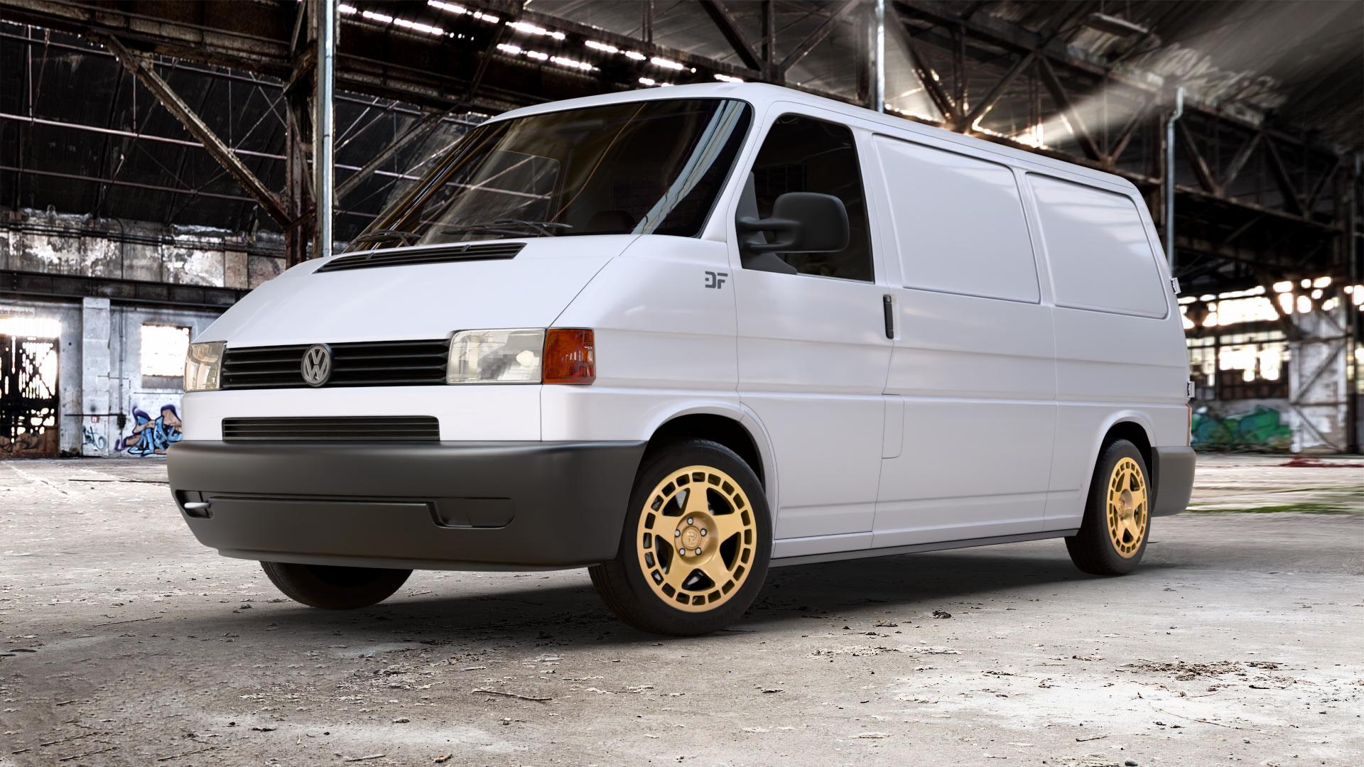 fifteen52 Turbomac Gold Felge mit Reifen in 17Zoll Winterfelge Alufelge auf weissem Volkswagen (VW) T4 Transporter ⬇️ mit 15mm Tieferlegung ⬇️ Old Industrial Hall_max_5300mm_2024 Frontansicht_1