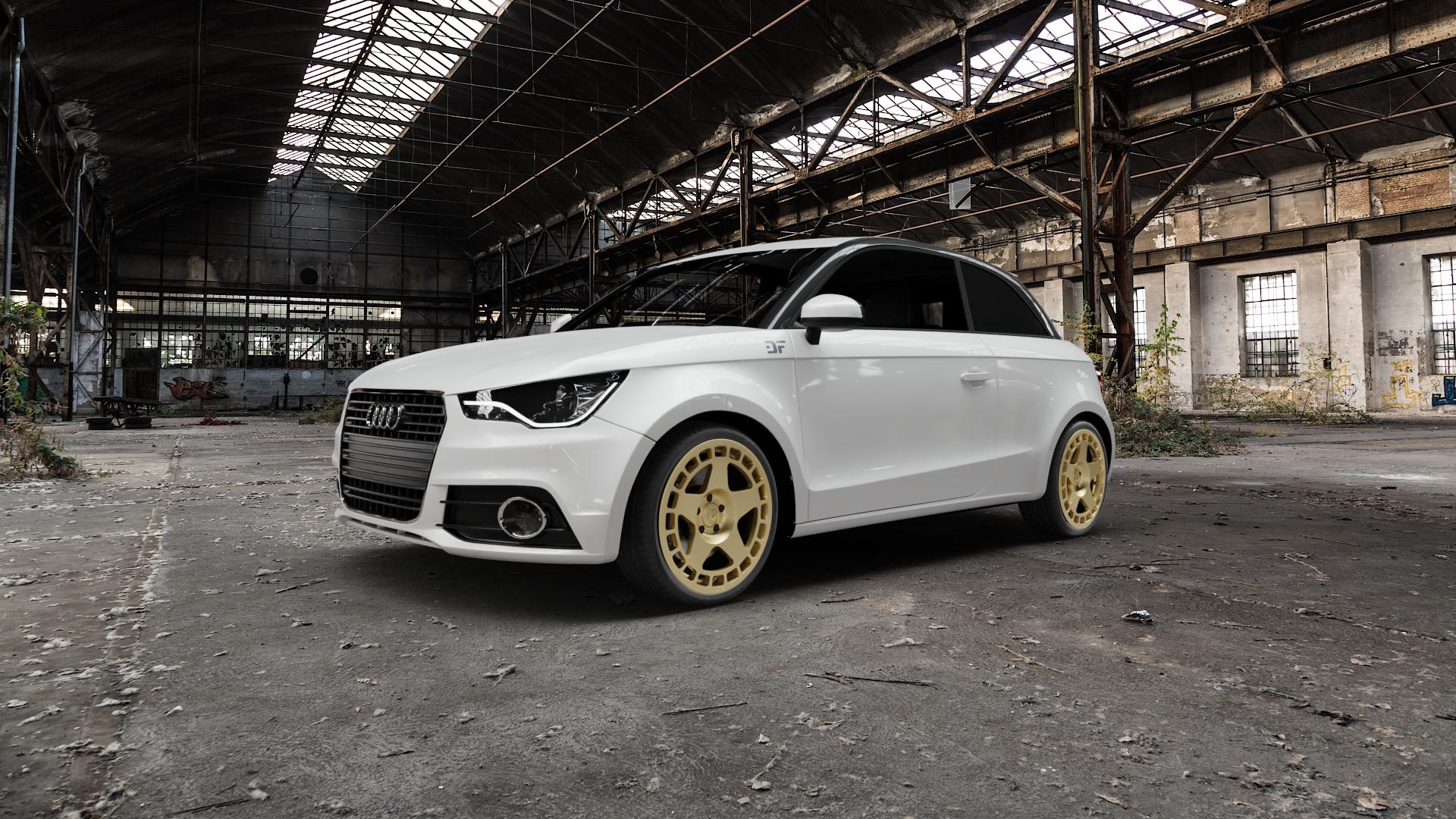 fifteen52 Turbomac Gold Felge mit Reifen in 18Zoll Winterfelge Alufelge auf weissem Audi A1 Typ 8X Facelift ⬇️ mit 15mm Tieferlegung ⬇️ Old Industrial Hall_max5000mm_2022 Frontansicht_1
