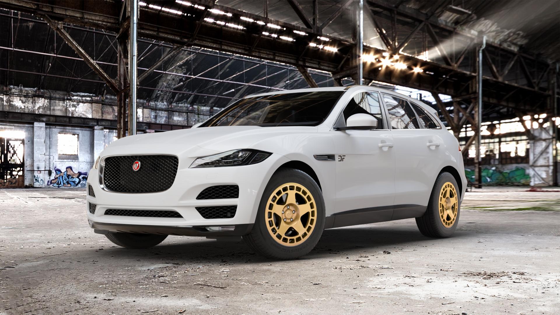 fifteen52 Turbomac Gold Felge mit Reifen in 18Zoll Winterfelge Alufelge auf weissem Jaguar F-Pace Typ DC ⬇️ mit 15mm Tieferlegung ⬇️ Old Industrial Hall_max_5300mm_2024 Frontansicht_1