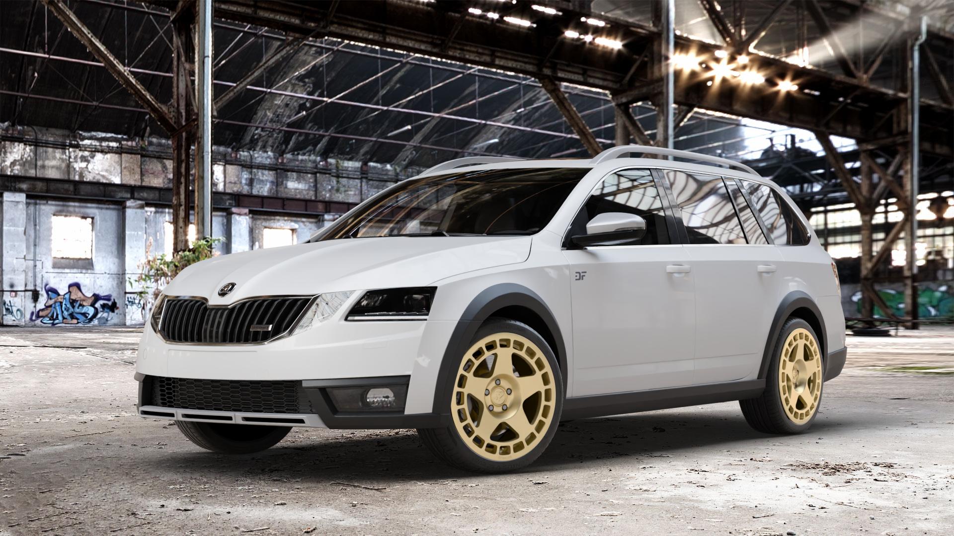 fifteen52 Turbomac Gold Felge mit Reifen in 18Zoll Winterfelge Alufelge auf weissem Skoda Octavia III Scout Typ 5E Facelift ⬇️ mit 15mm Tieferlegung ⬇️ Old Industrial Hall_max_4400mm_2024 Frontansicht_1