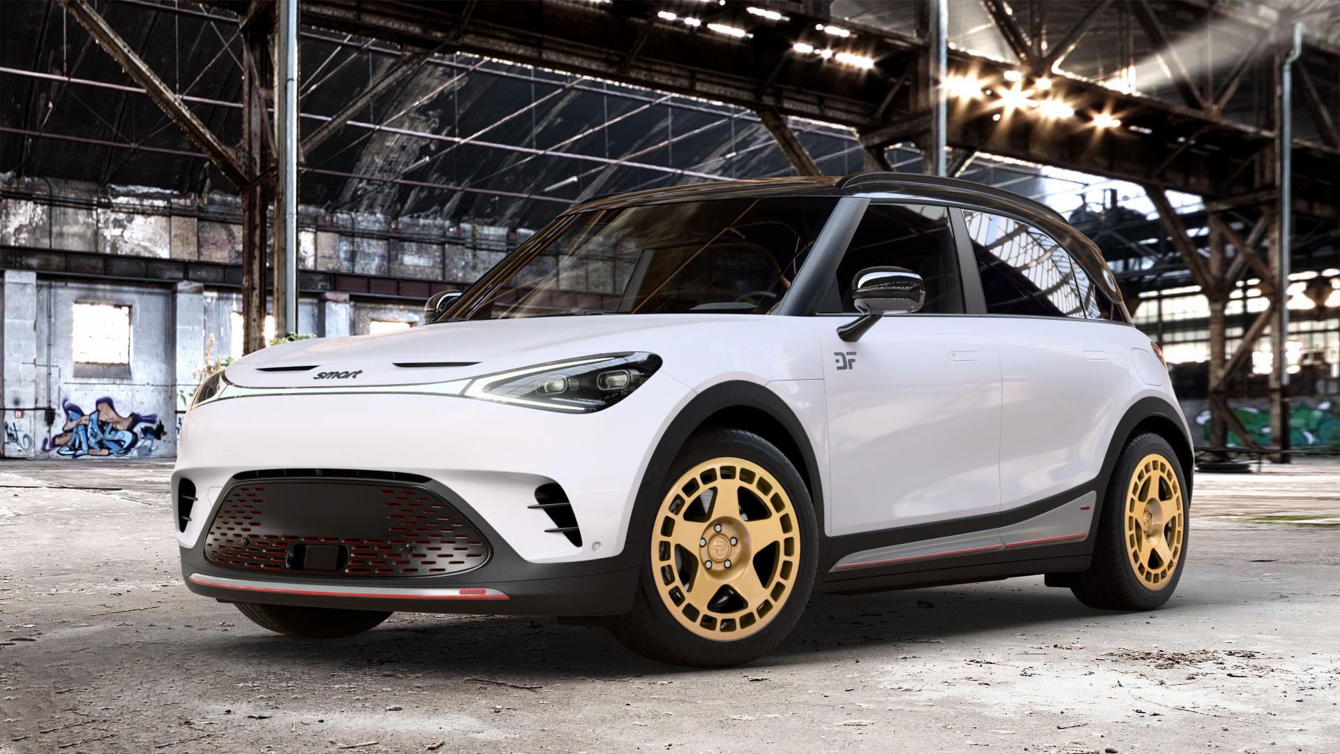 fifteen52 Turbomac Gold Felge mit Reifen in 18Zoll Winterfelge Alufelge auf weissem Smart #1 Typ HX11 0,0l 315kW Brabus AWD (428 PS) ⬇️ mit 15mm Tieferlegung ⬇️ Old Industrial Hall_max_4400mm_2024 Frontansicht_1