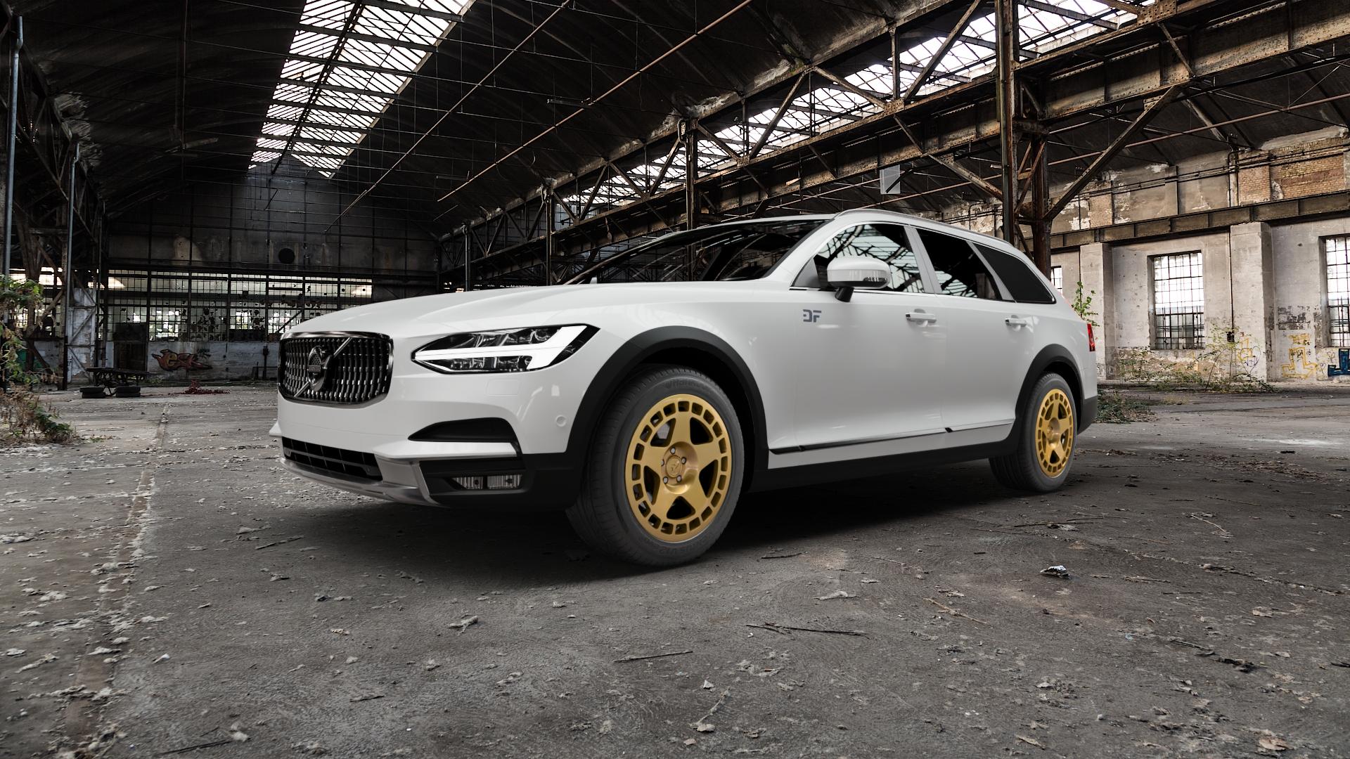 fifteen52 Turbomac Gold Felge mit Reifen in 18Zoll Winterfelge Alufelge auf weissem Volvo V90 II Cross Country Typ P ⬇️ mit 15mm Tieferlegung ⬇️ Old Industrial Hall_max5000mm_2022 Frontansicht_1