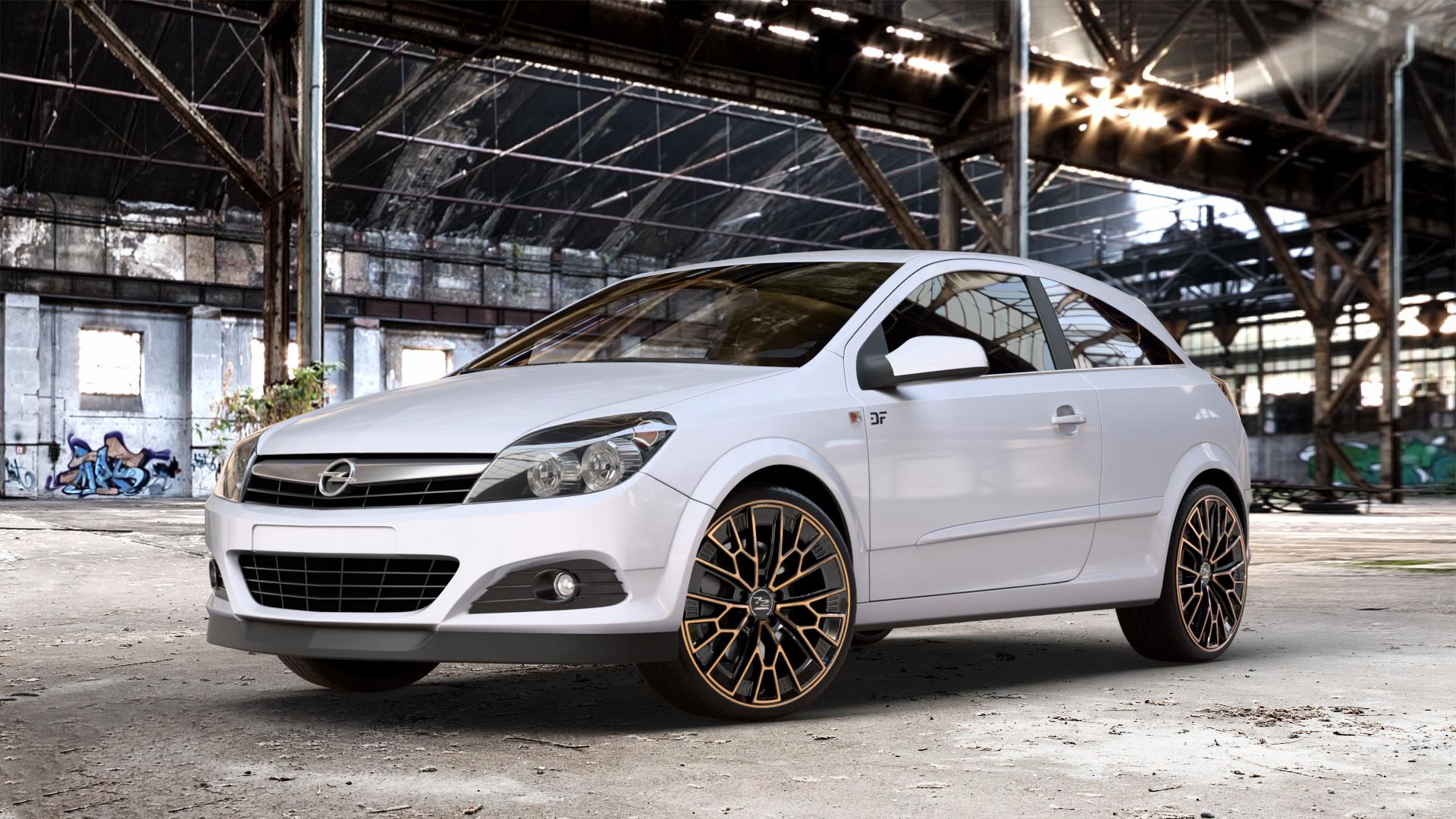 Fondmetal 1972 GLOSSY BLACK BRONZE MACHINED Felge mit Reifen schwarz in 19Zoll Winterfelge Alufelge auf Weiss Uni Opel Astra H GTC Typ A-H/C ⬇️ mit 15mm Tieferlegung ⬇️ Old Industrial Hall_max_4400mm_2024 Frontansicht_1