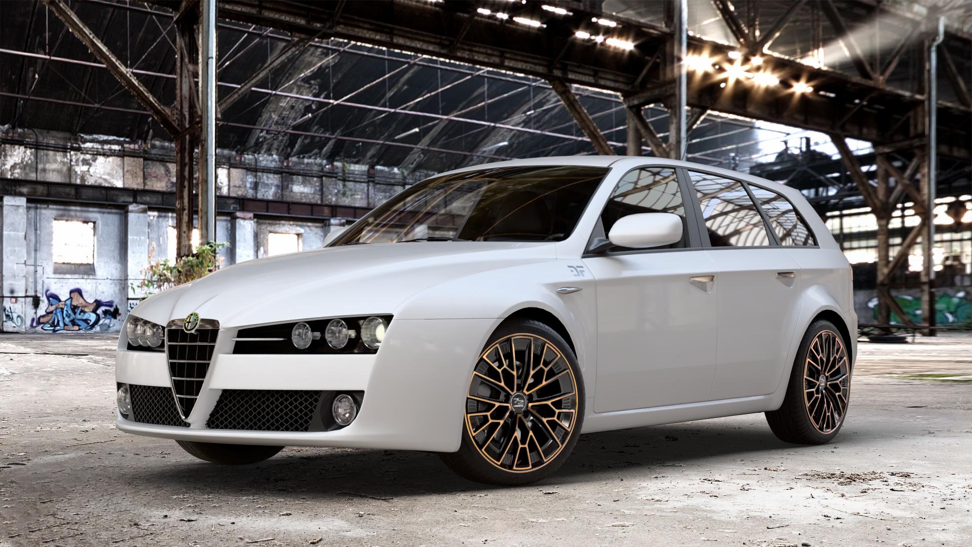 Fondmetal 1972 GLOSSY BLACK BRONZE MACHINED Felge mit Reifen schwarz in 19Zoll Winterfelge Alufelge auf weissem Alfa Romeo 159 Sportwagon ⬇️ mit 15mm Tieferlegung ⬇️ Old Industrial Hall_max_4400mm_2024 Frontansicht_1