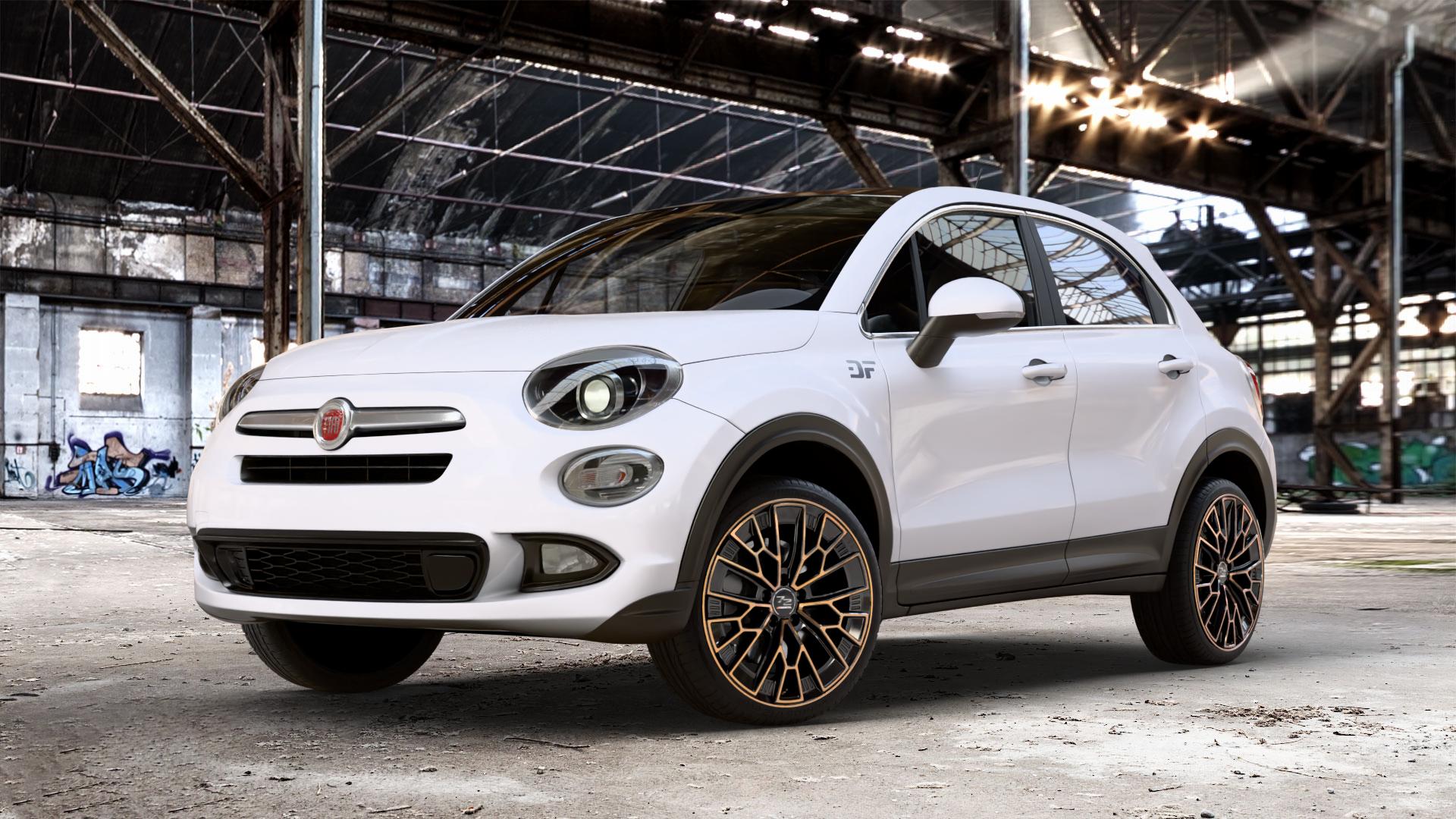 Fondmetal 1972 GLOSSY BLACK BRONZE MACHINED Felge mit Reifen schwarz in 19Zoll Winterfelge Alufelge auf weissem Fiat 500 X City Off-Road Typ 334 Facelift ⬇️ mit 15mm Tieferlegung ⬇️ Old Industrial Hall_max_4400mm_2024 Frontansicht_1