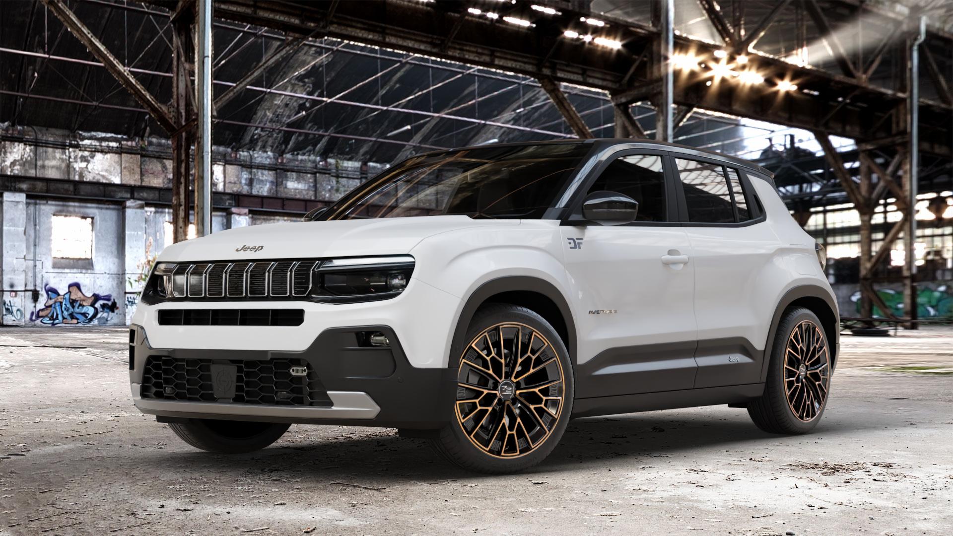 Fondmetal 1972 GLOSSY BLACK BRONZE MACHINED Felge mit Reifen schwarz in 19Zoll Winterfelge Alufelge auf weissem Jeep Avenger Typ FH1 ⬇️ mit 15mm Tieferlegung ⬇️ Old Industrial Hall_max_4400mm_2024 Frontansicht_1