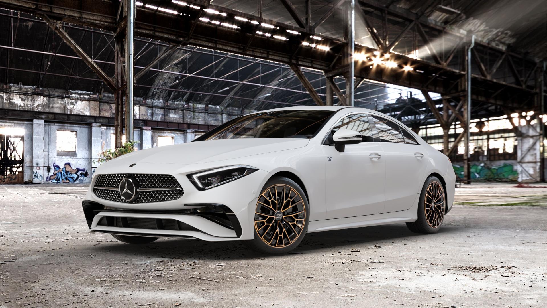 Fondmetal 1972 GLOSSY BLACK BRONZE MACHINED Felge mit Reifen schwarz in 19Zoll Winterfelge Alufelge auf weissem Mercedes CLS Typ C257 Facelift ⬇️ mit 15mm Tieferlegung ⬇️ Old Industrial Hall_max_5300mm_2024 Frontansicht_1