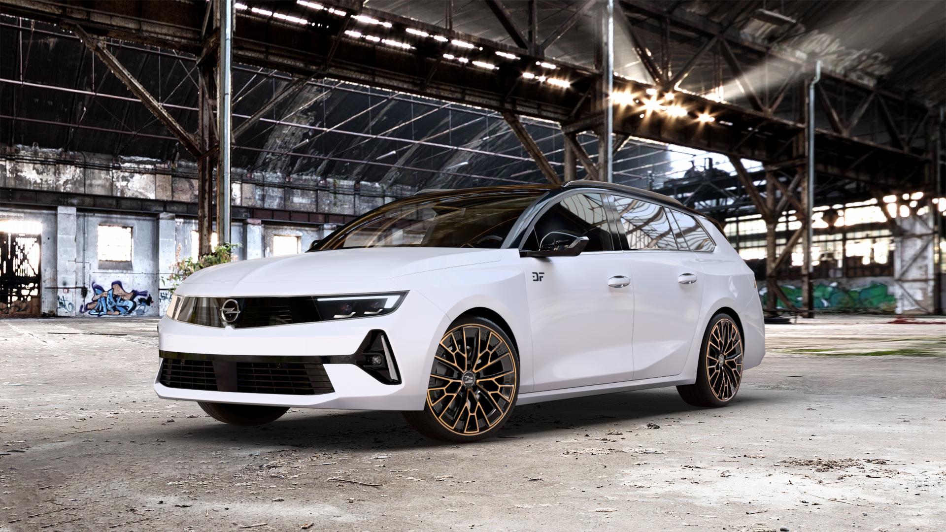 Fondmetal 1972 GLOSSY BLACK BRONZE MACHINED Felge mit Reifen schwarz in 19Zoll Winterfelge Alufelge auf weissem Opel Astra L Sports Tourer Typ F Facelift ⬇️ mit 15mm Tieferlegung ⬇️ Old Industrial Hall_max_5300mm_2024 Frontansicht_1