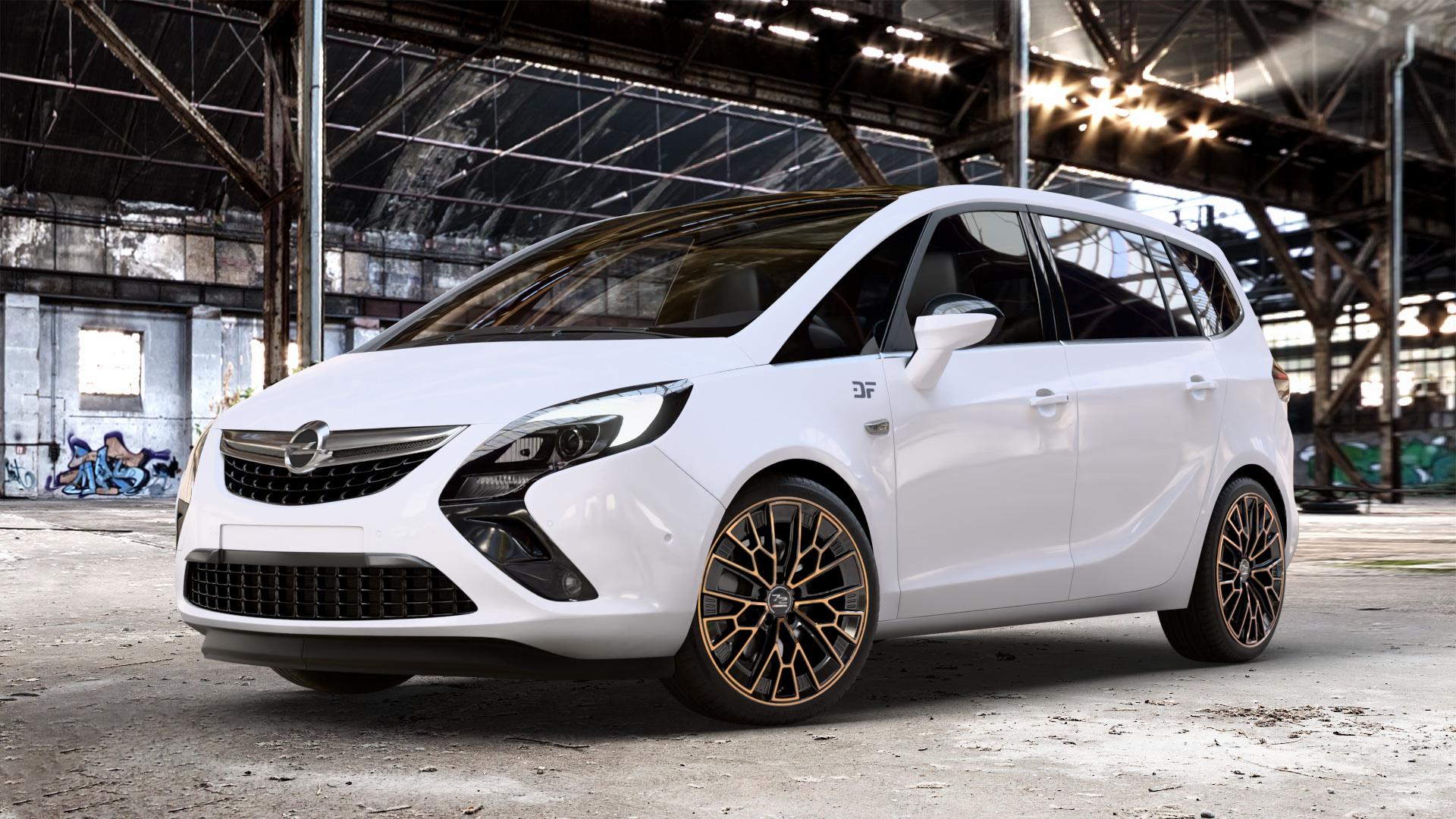 Fondmetal 1972 GLOSSY BLACK BRONZE MACHINED Felge mit Reifen schwarz in 19Zoll Winterfelge Alufelge auf weissem Opel Zafira C Tourer ⬇️ mit 15mm Tieferlegung ⬇️ Old Industrial Hall_max_4400mm_2024 Frontansicht_1
