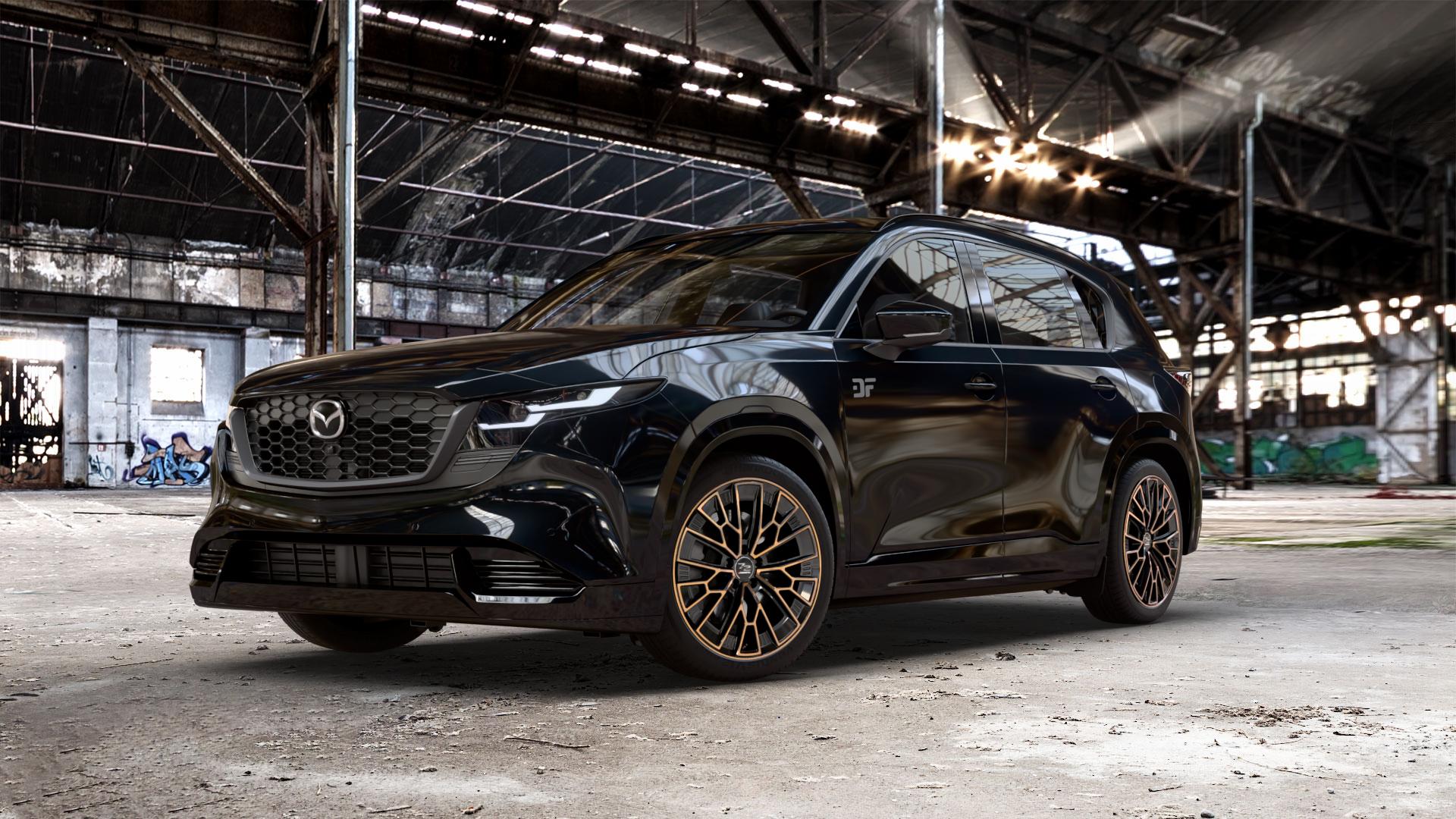 Fondmetal 1972 GLOSSY BLACK BRONZE MACHINED Felge mit Reifen schwarz in 20Zoll Winterfelge Alufelge auf metallic schwarzem Mazda CX-5 Typ KM01 CX ⬇️ mit 15mm Tieferlegung ⬇️ Old Industrial Hall_max_5300mm_2024 Frontansicht_1