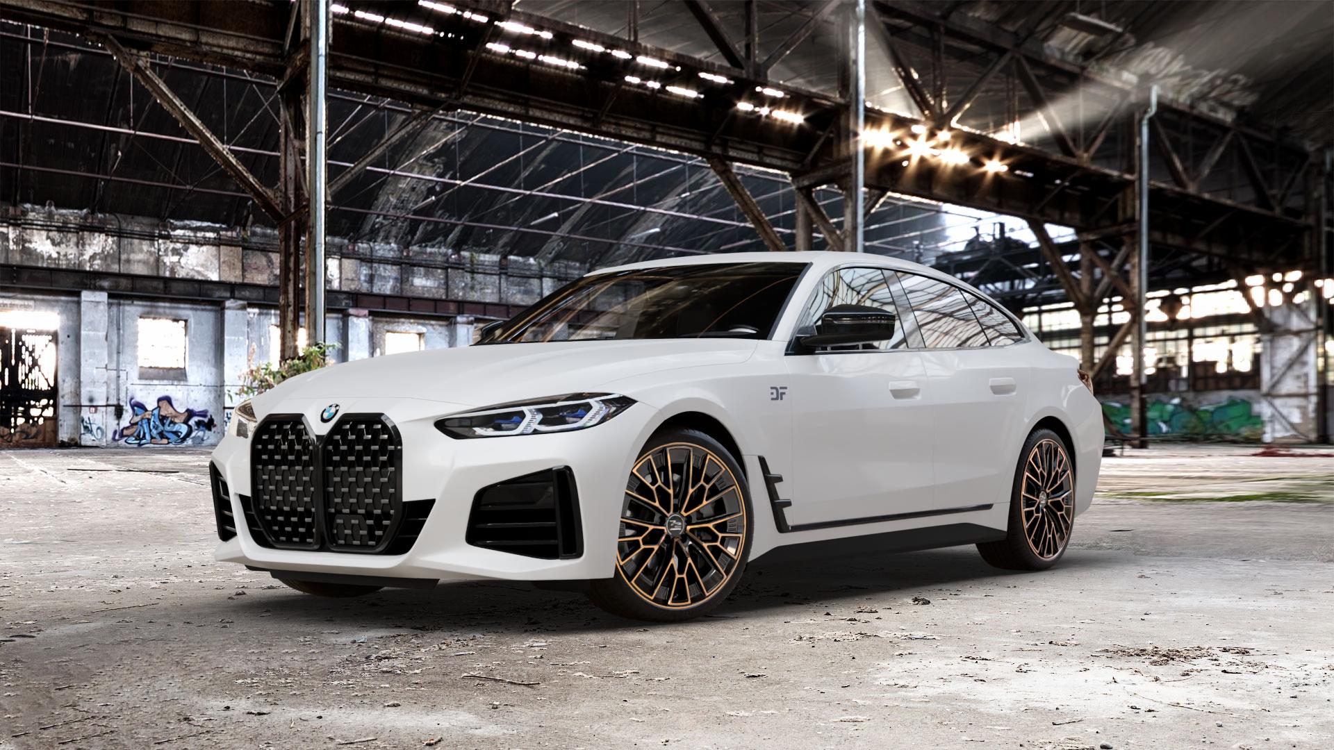 Fondmetal 1972 GLOSSY BLACK BRONZE MACHINED Felge mit Reifen schwarz in 20Zoll Winterfelge Alufelge auf weissem BMW 4er G26 Gran Coupe (G4C) ⬇️ mit 15mm Tieferlegung ⬇️ Old Industrial Hall_max_5300mm_2024 Frontansicht_1
