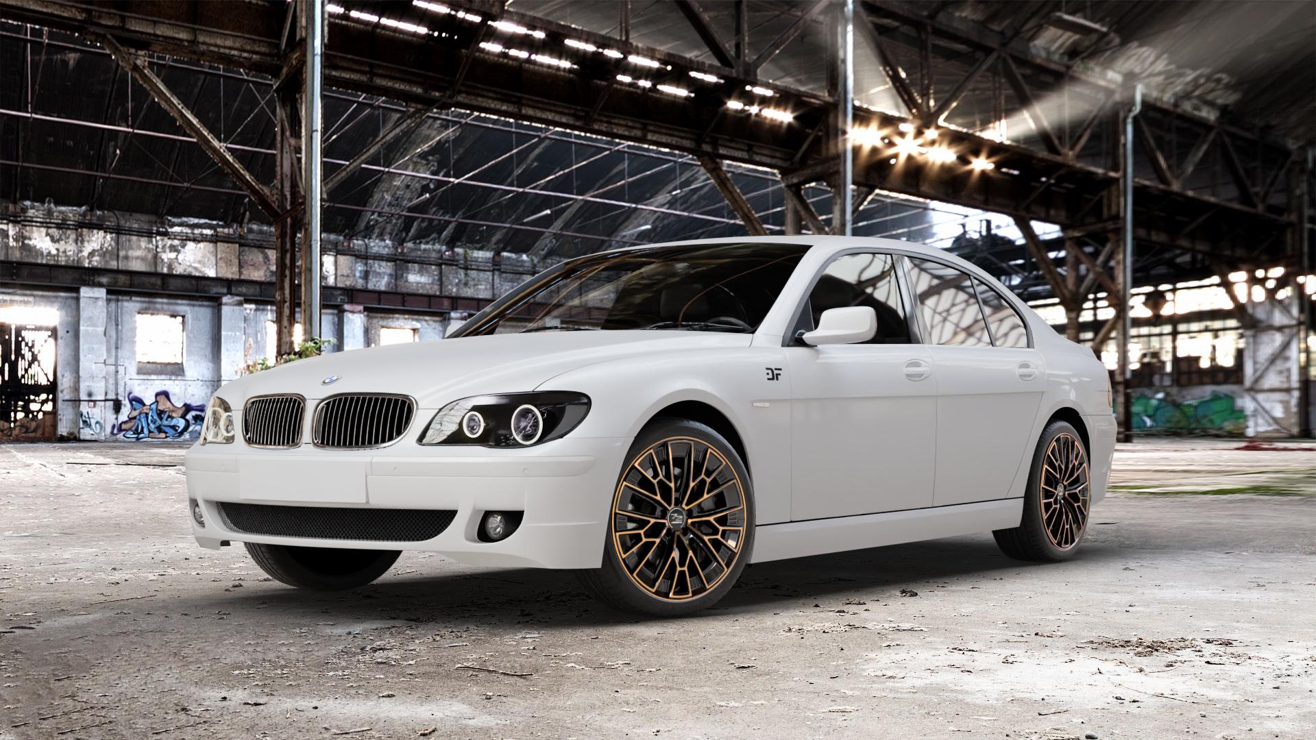 Fondmetal 1972 GLOSSY BLACK BRONZE MACHINED Felge mit Reifen schwarz in 20Zoll Winterfelge Alufelge auf weissem BMW 7er E65 Limousine (765, 767) E66 lang ⬇️ mit 15mm Tieferlegung ⬇️ Old Industrial Hall_max_5300mm_2024 Frontansicht_1