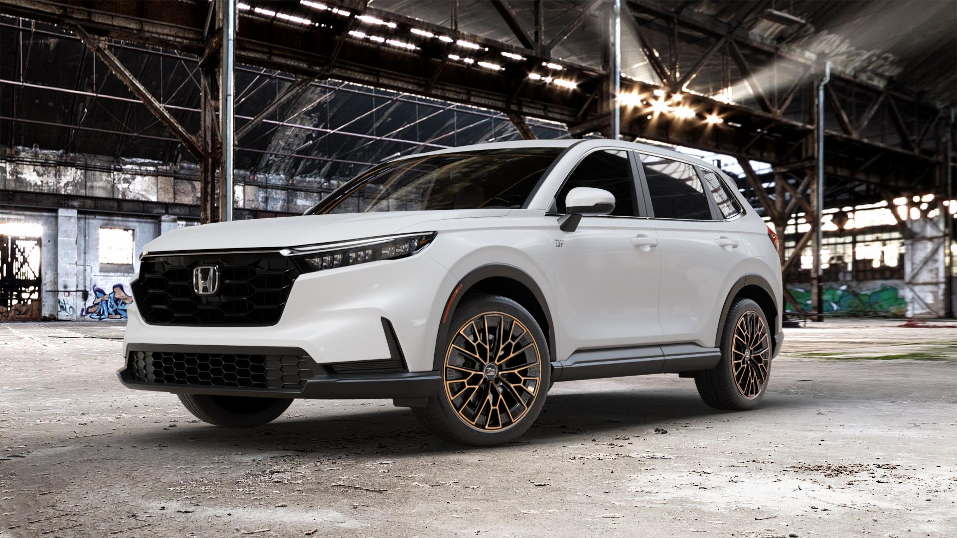 Fondmetal 1972 GLOSSY BLACK BRONZE MACHINED Felge mit Reifen schwarz in 20Zoll Winterfelge Alufelge auf weissem Honda CR-V VI (RS) ⬇️ mit 15mm Tieferlegung ⬇️ Old Industrial Hall_max_5300mm_2024 Frontansicht_1