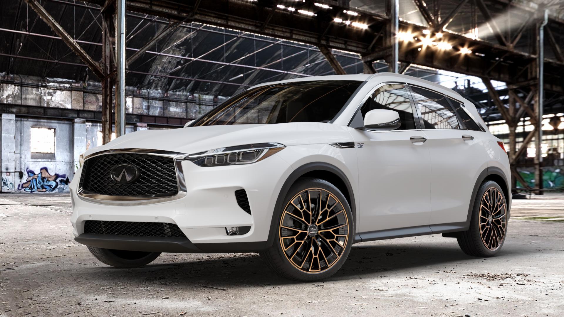 Fondmetal 1972 GLOSSY BLACK BRONZE MACHINED Felge mit Reifen schwarz in 20Zoll Winterfelge Alufelge auf weissem Infiniti QX50 Q ⬇️ mit 15mm Tieferlegung ⬇️ Old Industrial Hall_max_4400mm_2024 Frontansicht_1