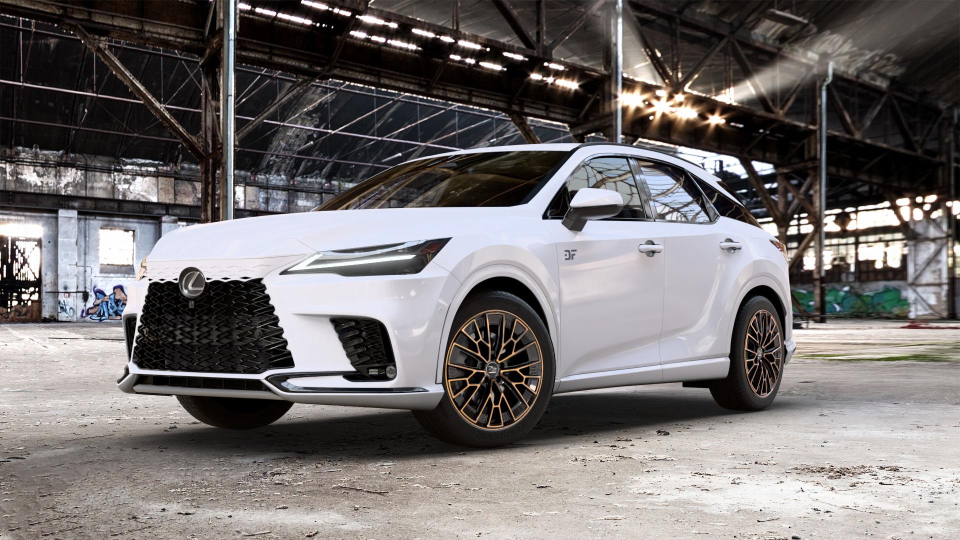 Fondmetal 1972 GLOSSY BLACK BRONZE MACHINED Felge mit Reifen schwarz in 20Zoll Winterfelge Alufelge auf weissem Lexus RX V Typ AL3(M) 2,5l 140kW RX350H AWD (190 PS) 136kW RX450H+ (185 2,4l 200kW RX500H (272 AL3(M)-TGRE ⬇️ mit 15mm Tieferlegung ⬇️ Old Industrial Hall_max_5300mm_2024 Frontansicht_1