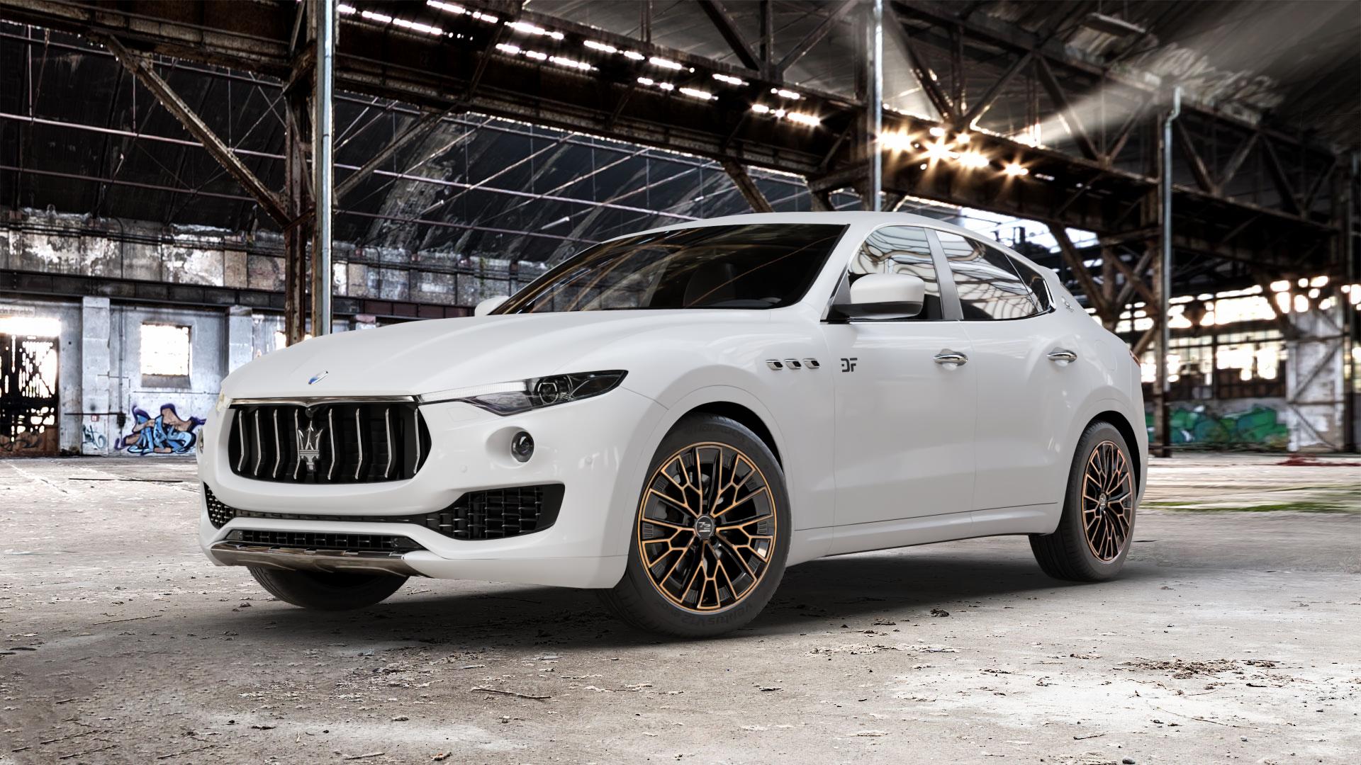 Fondmetal 1972 GLOSSY BLACK BRONZE MACHINED Felge mit Reifen schwarz in 20Zoll Winterfelge Alufelge auf weissem Maserati Levante Typ M156 ⬇️ mit 15mm Tieferlegung ⬇️ Old Industrial Hall_max_5300mm_2024 Frontansicht_1