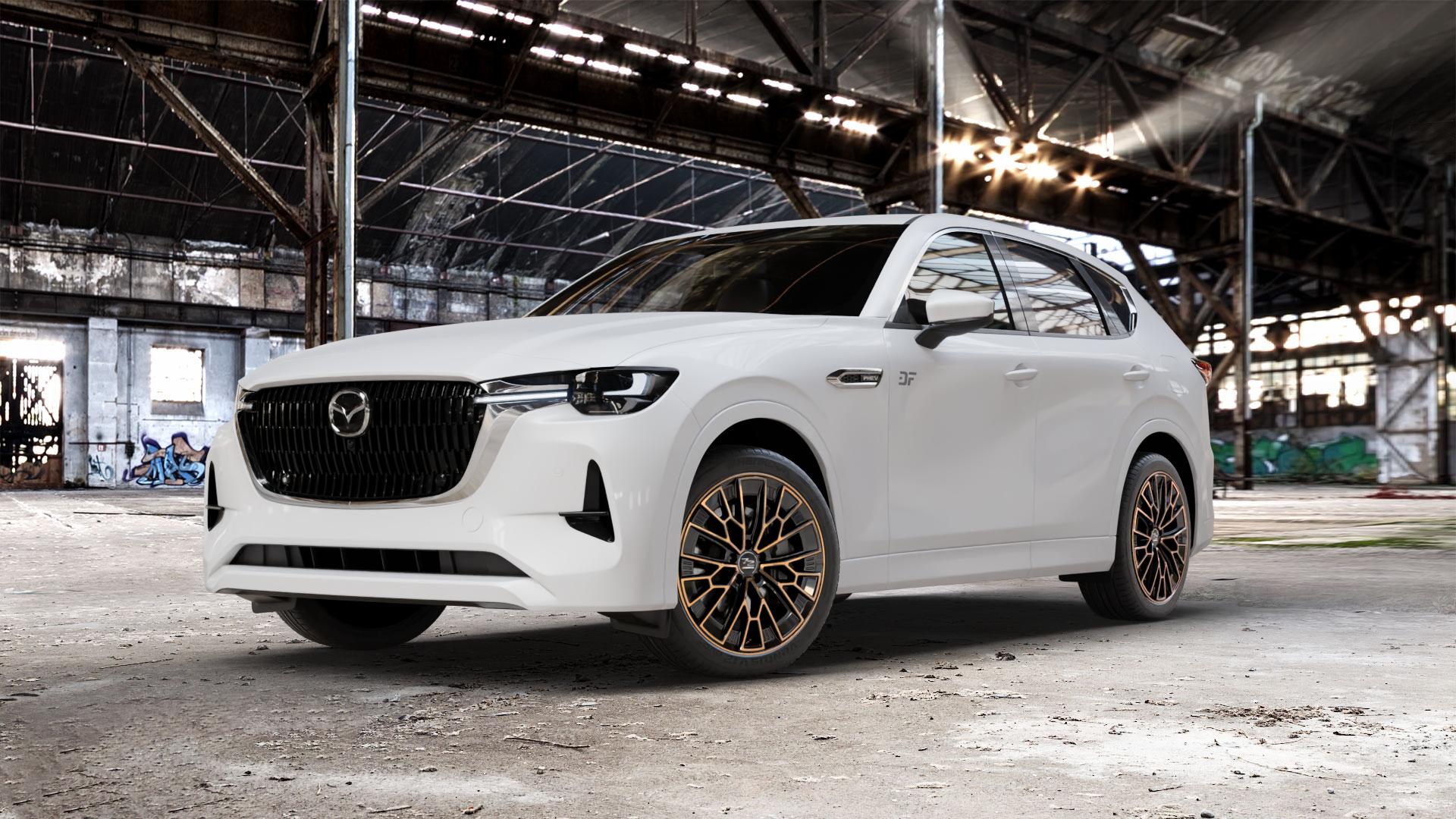 Fondmetal 1972 GLOSSY BLACK BRONZE MACHINED Felge mit Reifen schwarz in 20Zoll Winterfelge Alufelge auf weissem Mazda CX-60 Typ KH01 CX ⬇️ mit 15mm Tieferlegung ⬇️ Old Industrial Hall_max_5300mm_2024 Frontansicht_1