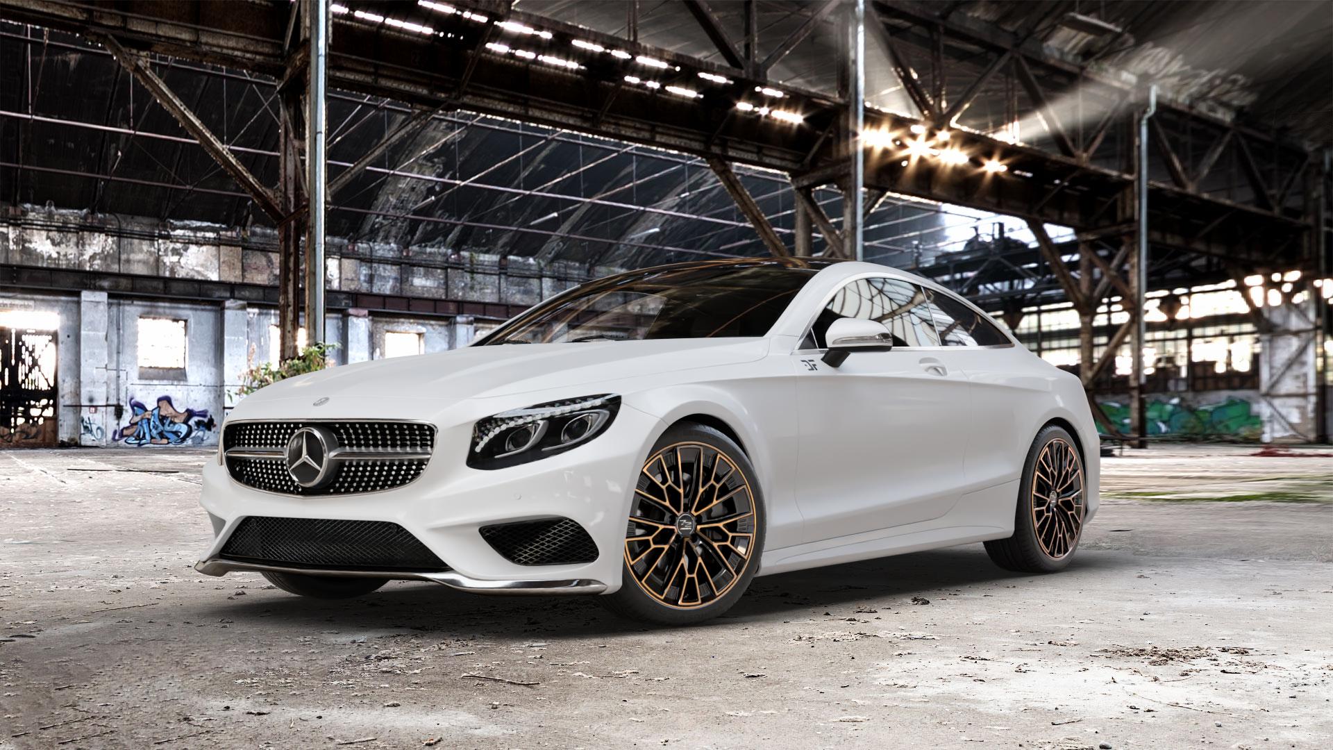 Fondmetal 1972 GLOSSY BLACK BRONZE MACHINED Felge mit Reifen schwarz in 20Zoll Winterfelge Alufelge auf weissem Mercedes S-Klasse Typ C217 Facelift Coupe ⬇️ mit 15mm Tieferlegung ⬇️ Old Industrial Hall_max_5300mm_2024 Frontansicht_1