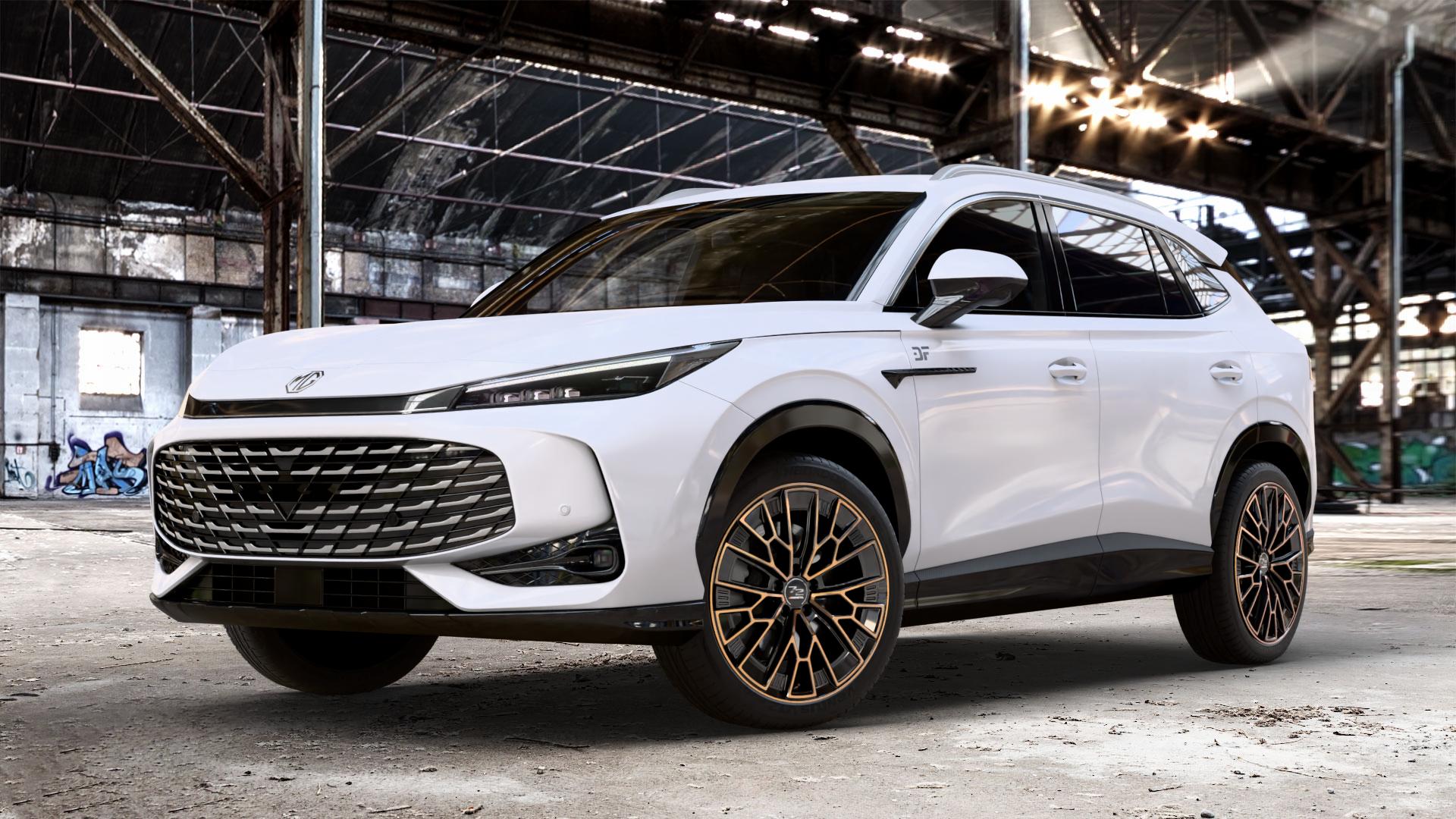 Fondmetal 1972 GLOSSY BLACK BRONZE MACHINED Felge mit Reifen schwarz in 20Zoll Winterfelge Alufelge auf weissem MG HS Typ AS3A 1,5l T 125kW (170 PS) PHEV 105kW (143 ⬇️ mit 15mm Tieferlegung ⬇️ Old Industrial Hall_max_4400mm_2024 Frontansicht_1