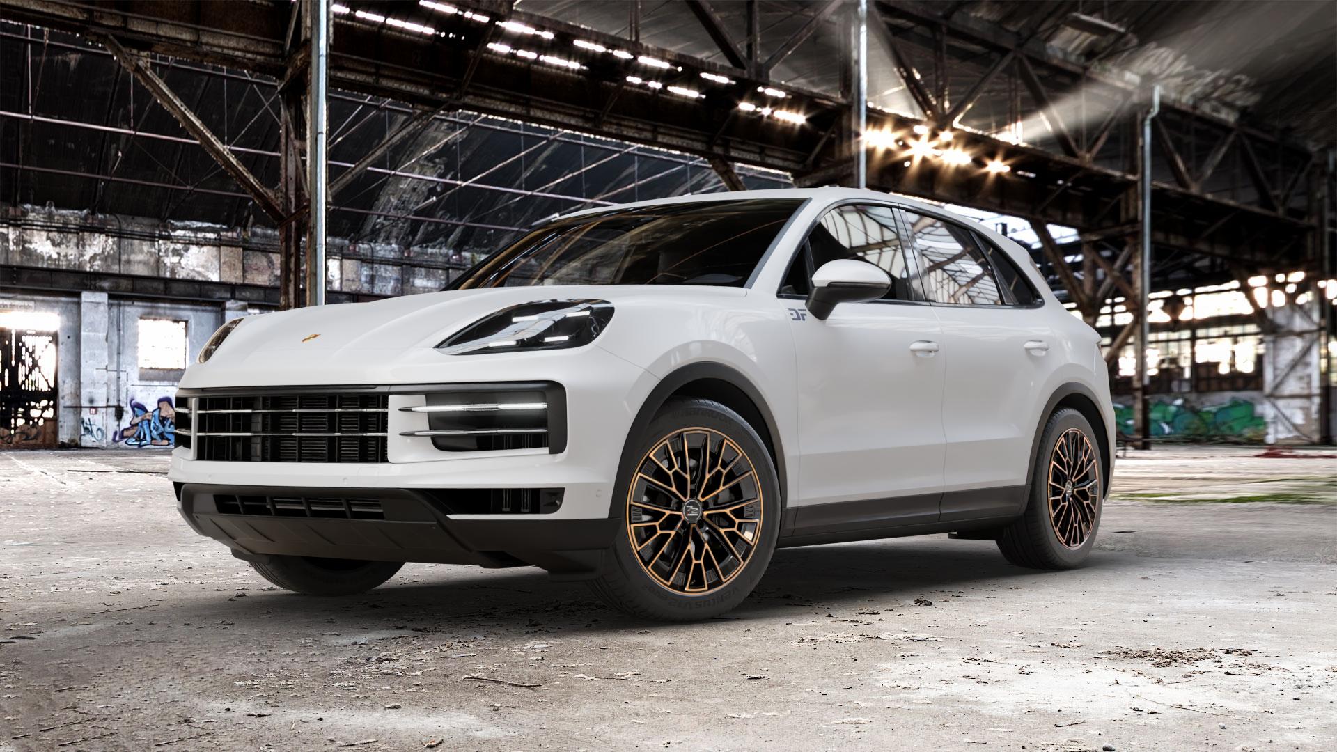 Fondmetal 1972 GLOSSY BLACK BRONZE MACHINED Felge mit Reifen schwarz in 20Zoll Winterfelge Alufelge auf weissem Porsche Cayenne III Typ 9YA Facelift ⬇️ mit 15mm Tieferlegung ⬇️ Old Industrial Hall_max_5300mm_2024 Frontansicht_1