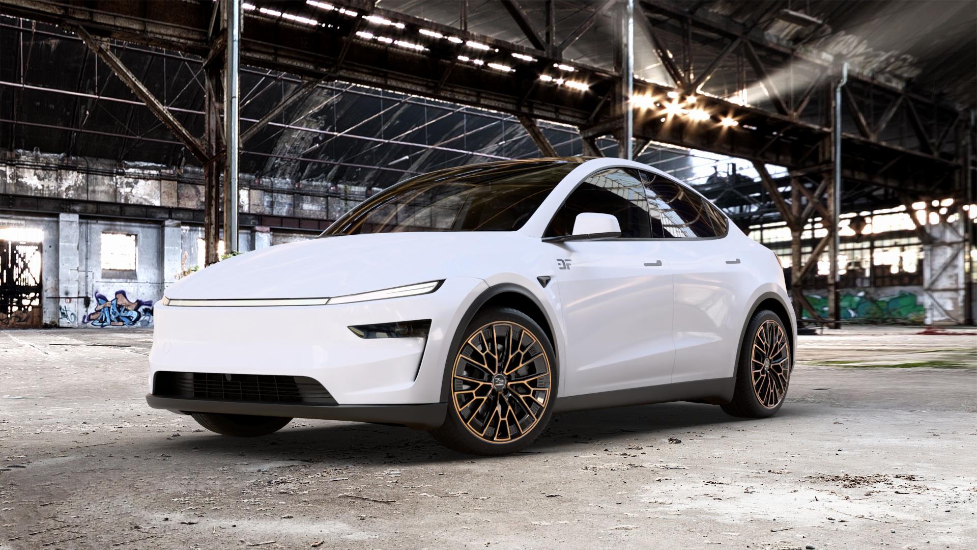 Fondmetal 1972 GLOSSY BLACK BRONZE MACHINED Felge mit Reifen schwarz in 20Zoll Winterfelge Alufelge auf weissem Tesla Model Y Typ 003 Facelift 003/005 ⬇️ mit 15mm Tieferlegung ⬇️ Old Industrial Hall_max_5300mm_2024 Frontansicht_1