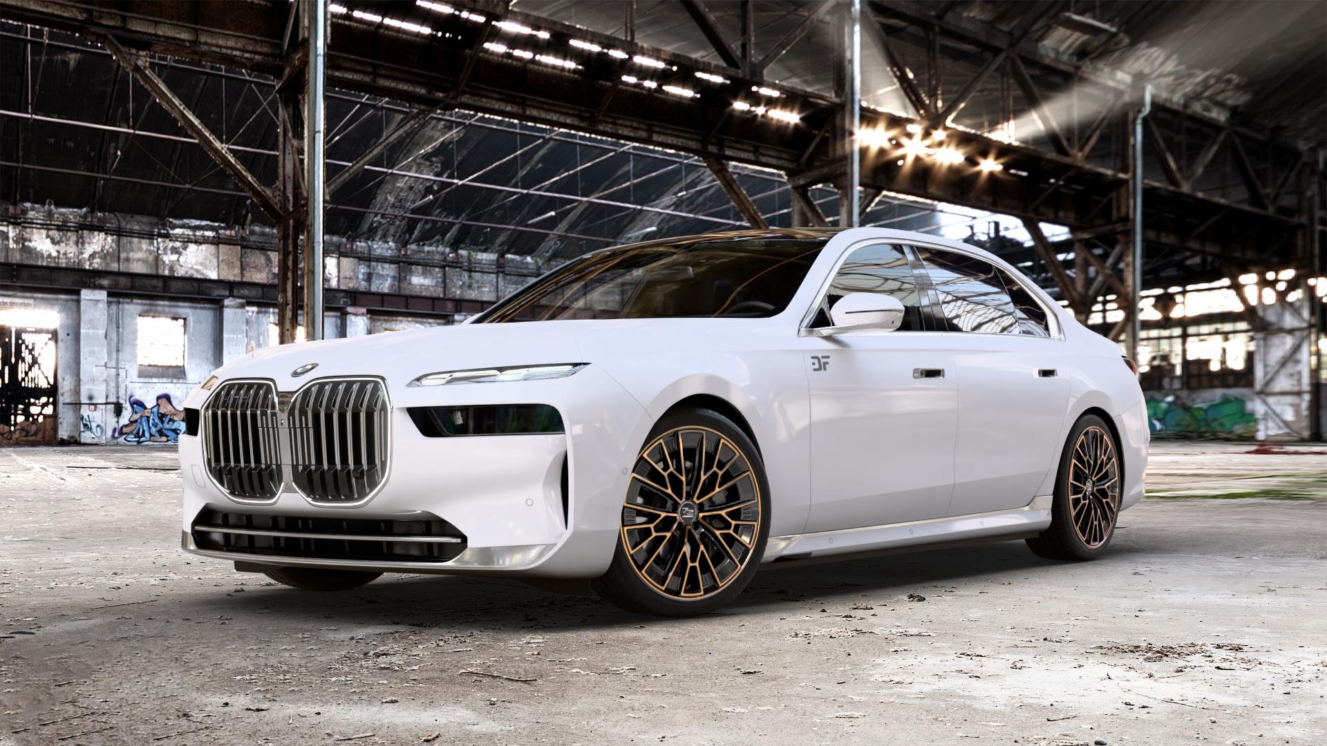 Fondmetal 1972 GLOSSY BLACK BRONZE MACHINED Felge mit Reifen schwarz in 21Zoll Winterfelge Alufelge auf weissem BMW 7er G70 Limousine (G7L) ⬇️ mit 15mm Tieferlegung ⬇️ Old Industrial Hall_max_5300mm_2024 Frontansicht_1